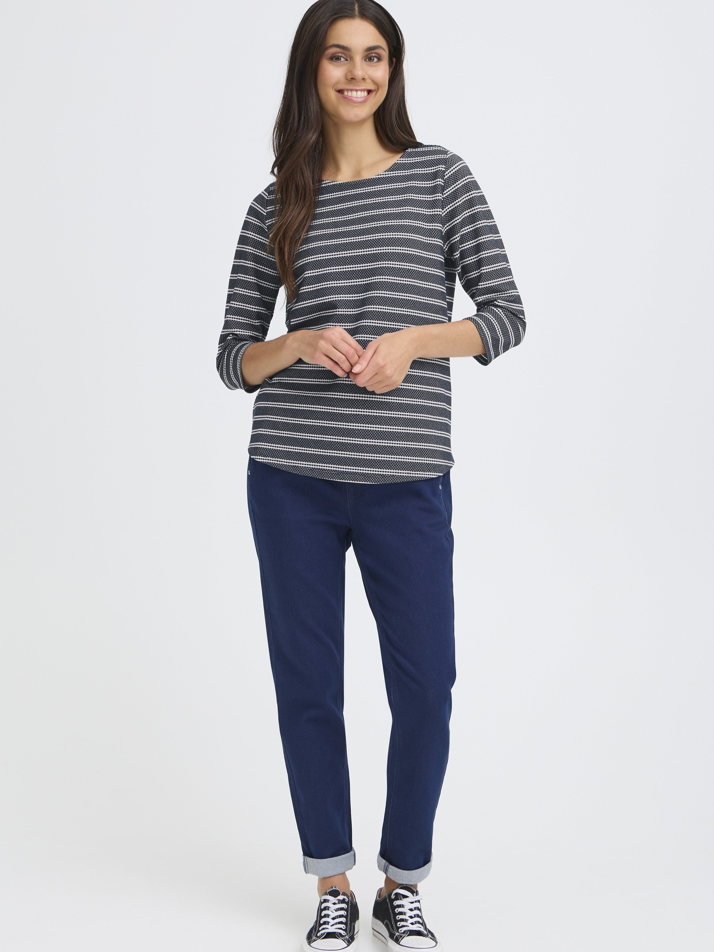 Fransa Josie Striped Three-Quarter Sleeve Crew Neck Top in navy and white stripes from Fransa paired with casual blue pants.