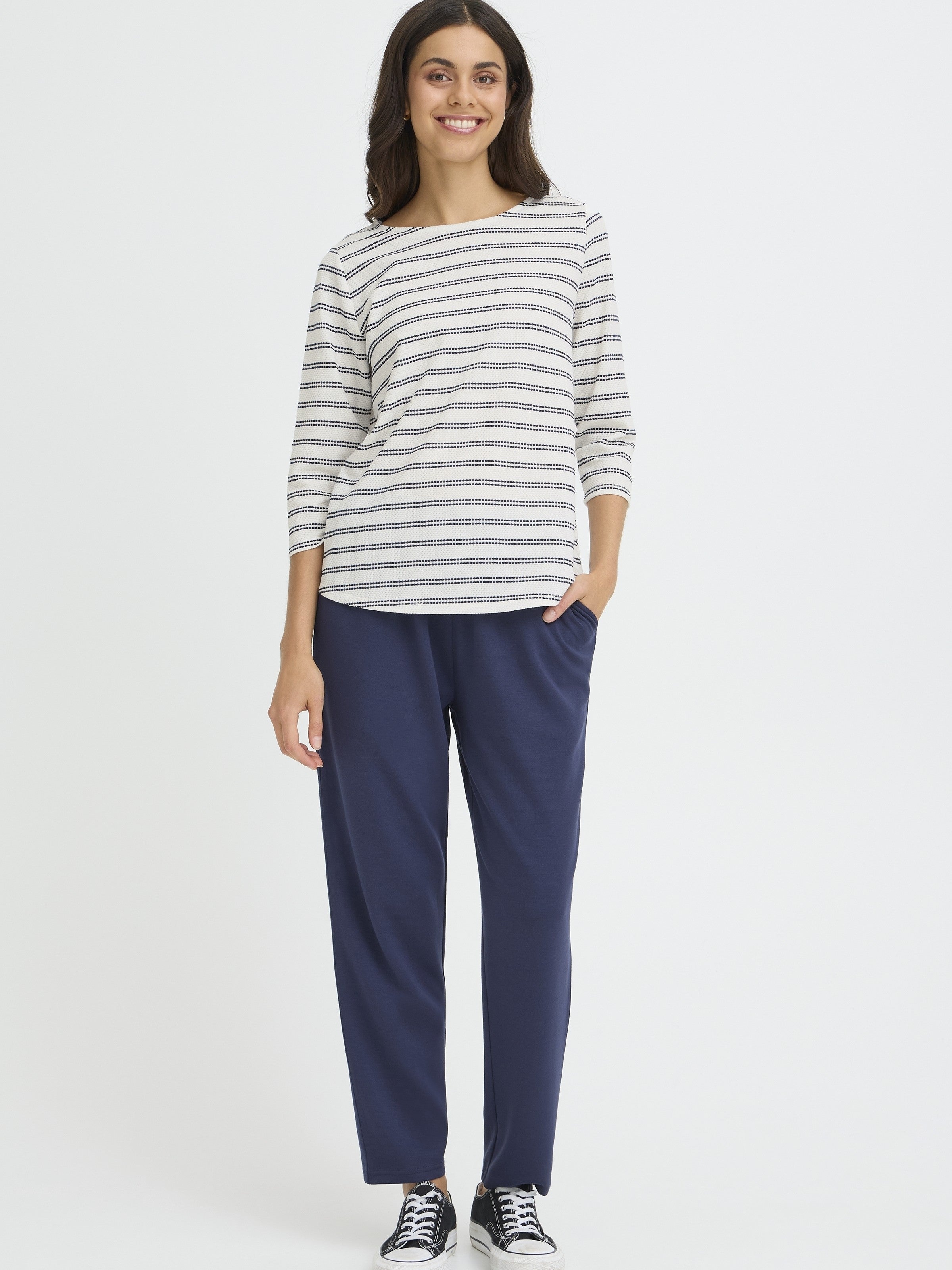 Fransa Josie Striped Three-Quarter Sleeve Crew Neck Top in off-white with navy stripes by Fransa, paired with navy pants.