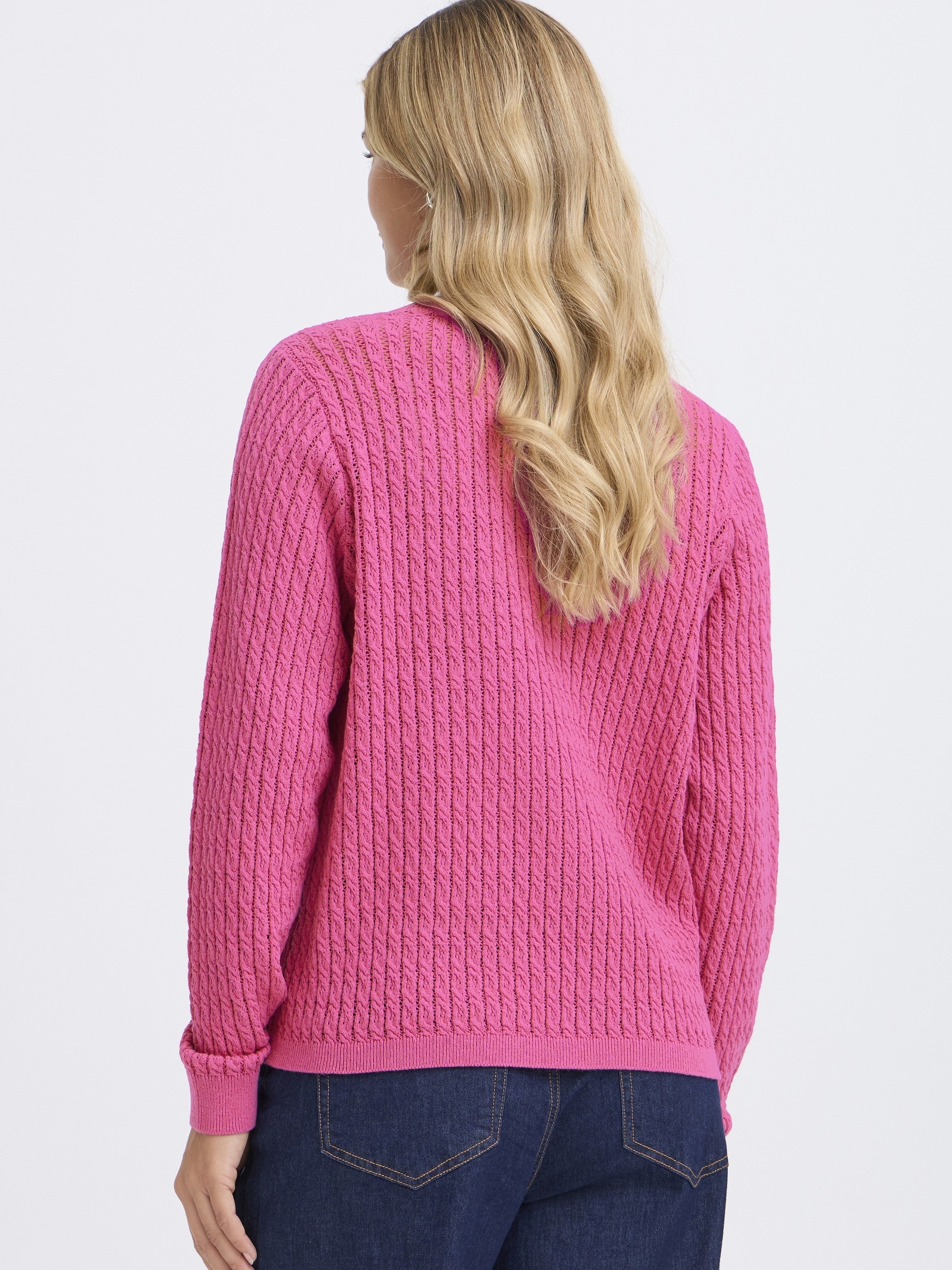 Back view of Fransa Sammy Mini Cable Knit Crew Neck Sweater in berry pink with textured knit and long sleeves