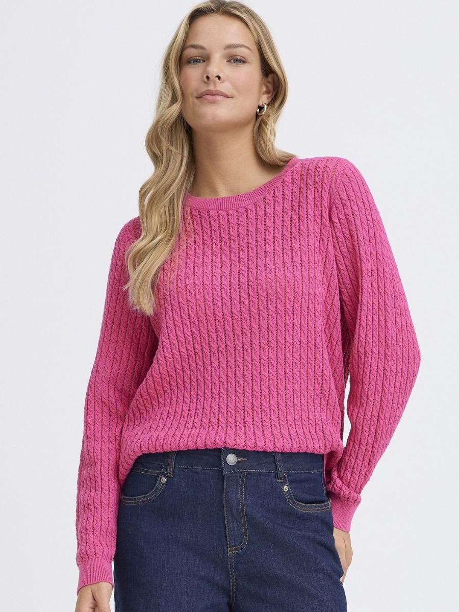 Fransa Sammy Mini Cable Knit Crew Neck Sweater in berry pink with textured cable knit design by Fransa