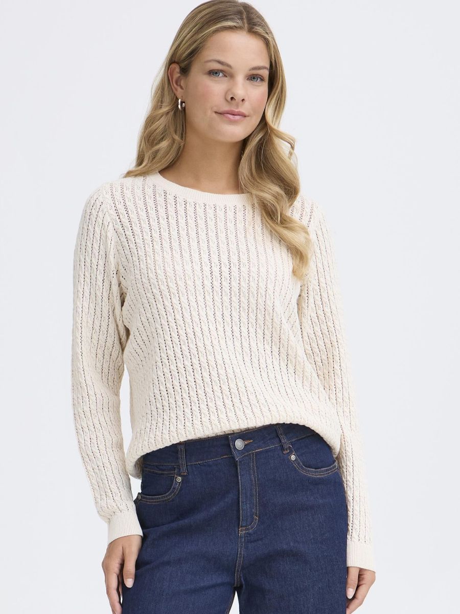 Fransa Sammy Mini Cable Knit Crew Neck Sweater in cream cable knit paired with blue denim jeans by Fransa