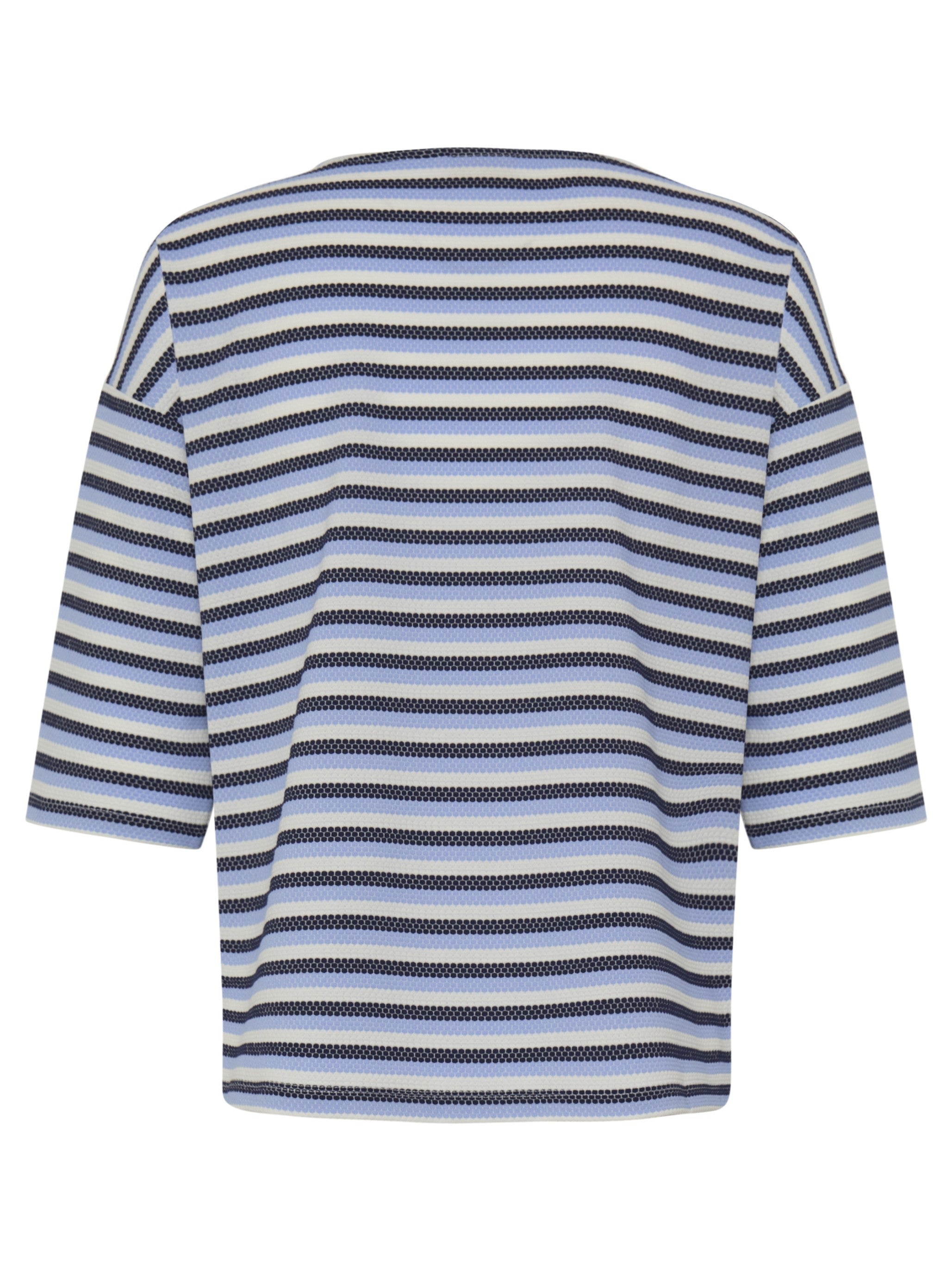 Fransa Josie Striped Three-Quarter Sleeve Top in blue and white stripes by Fransa, casual knitwear top.