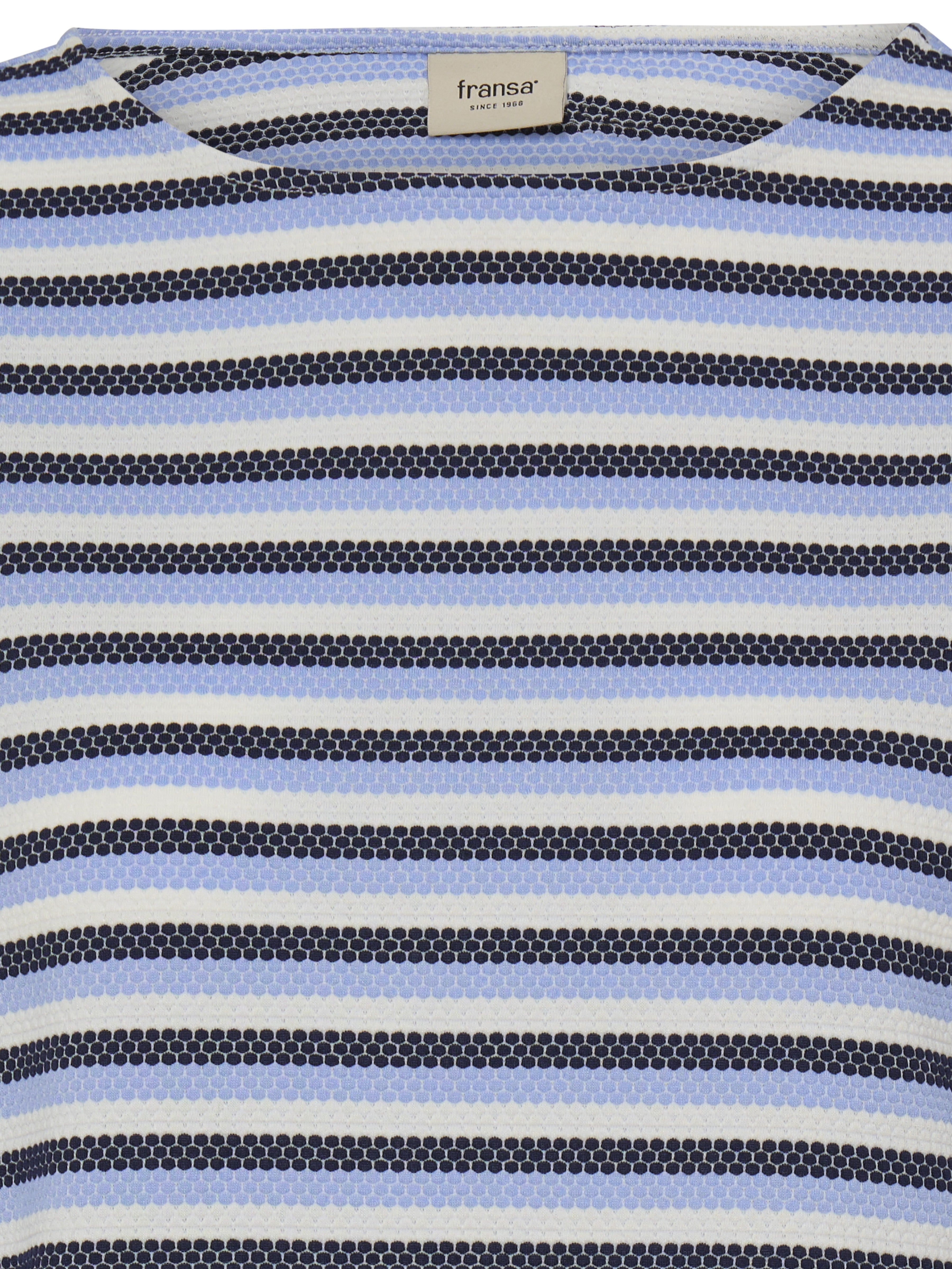Fransa Josie Striped Three-Quarter Sleeve Top with blue and black horizontal stripes and textured knit by Fransa.