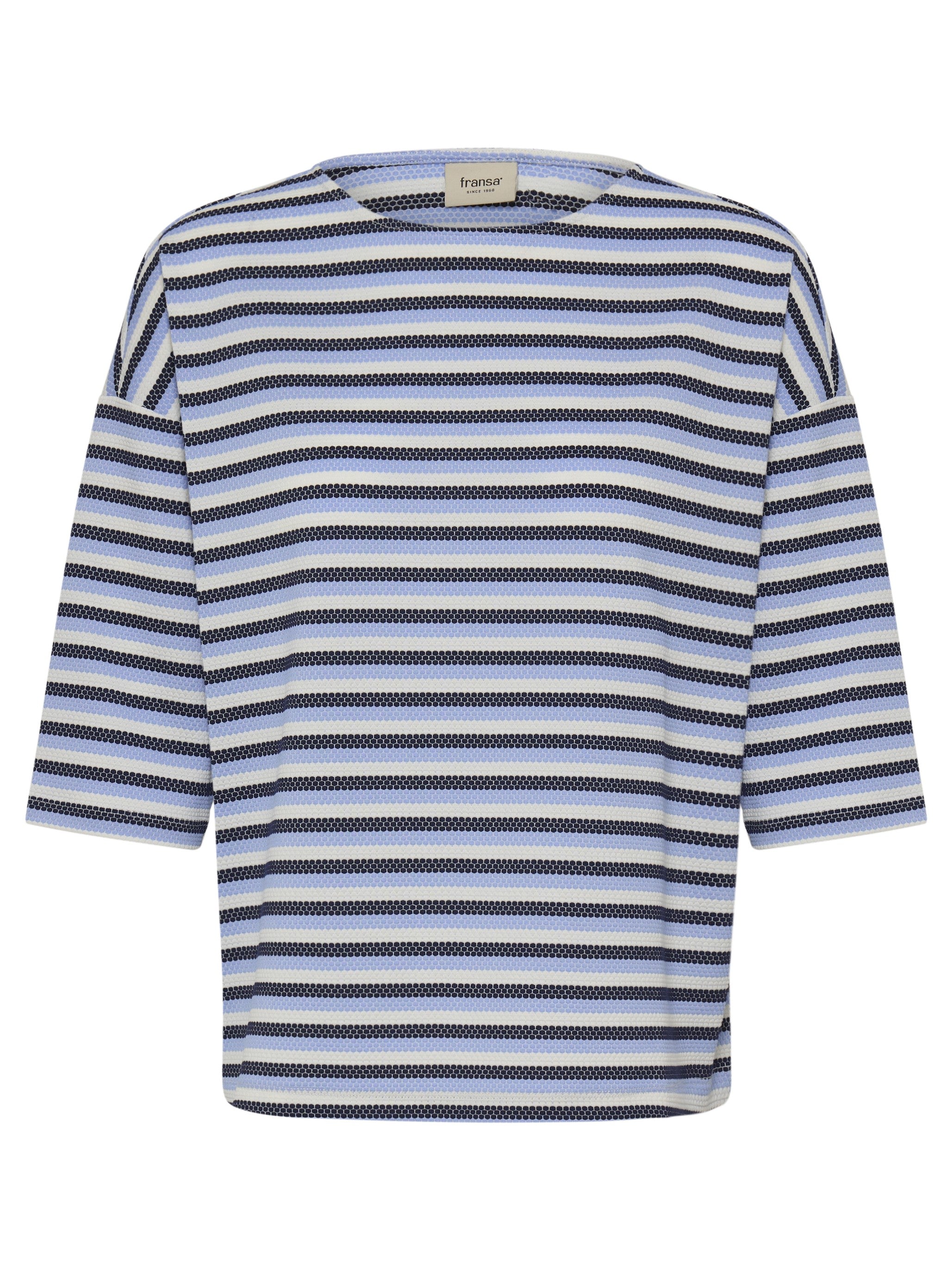 Fransa Josie Striped Three-Quarter Sleeve Top with blue and black horizontal stripes by Fransa, casual knitwear top.