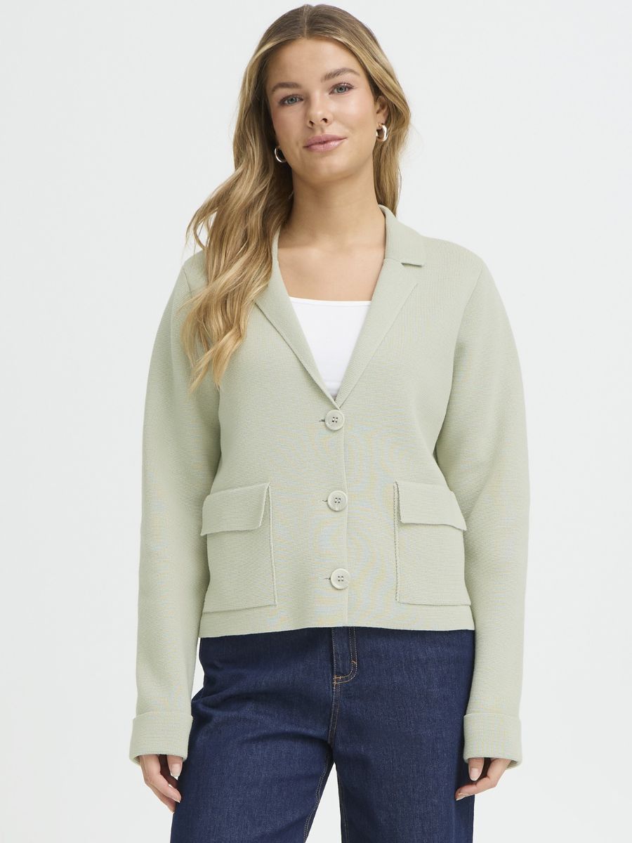 Fransa Frita Three-Button Pocket Cardigan in sage green, a stylish sweater with front pockets from Fransa.