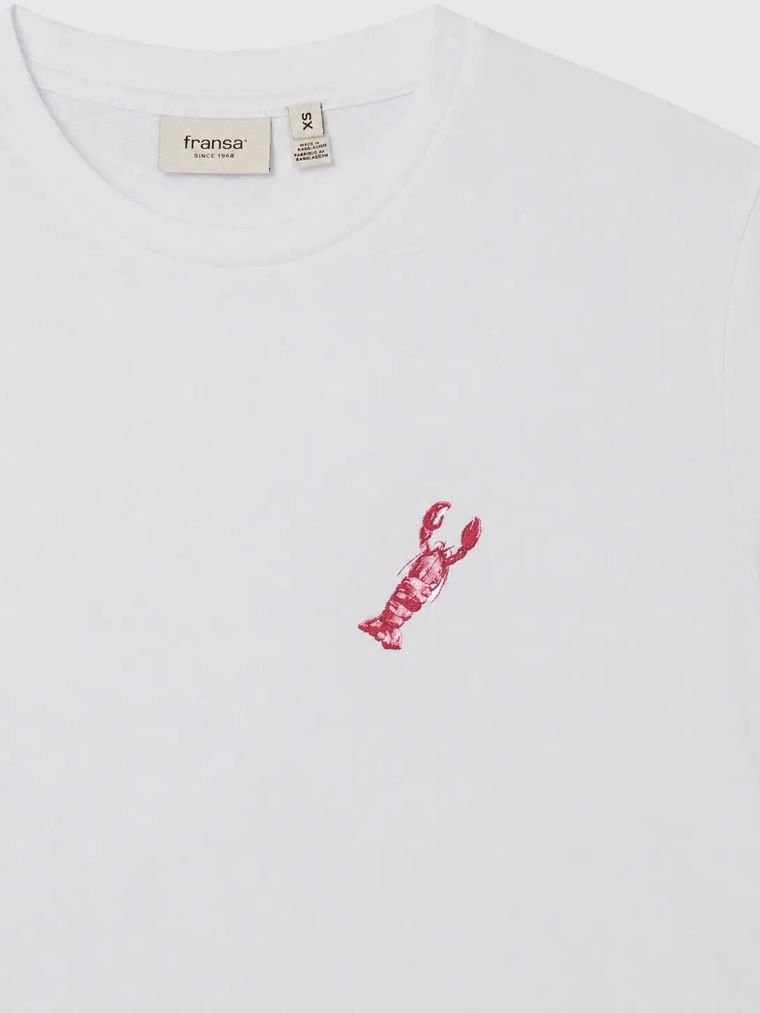 White Fransa Tilly Lobster Graphic Short Sleeve T-Shirt featuring a small red lobster graphic on the chest.