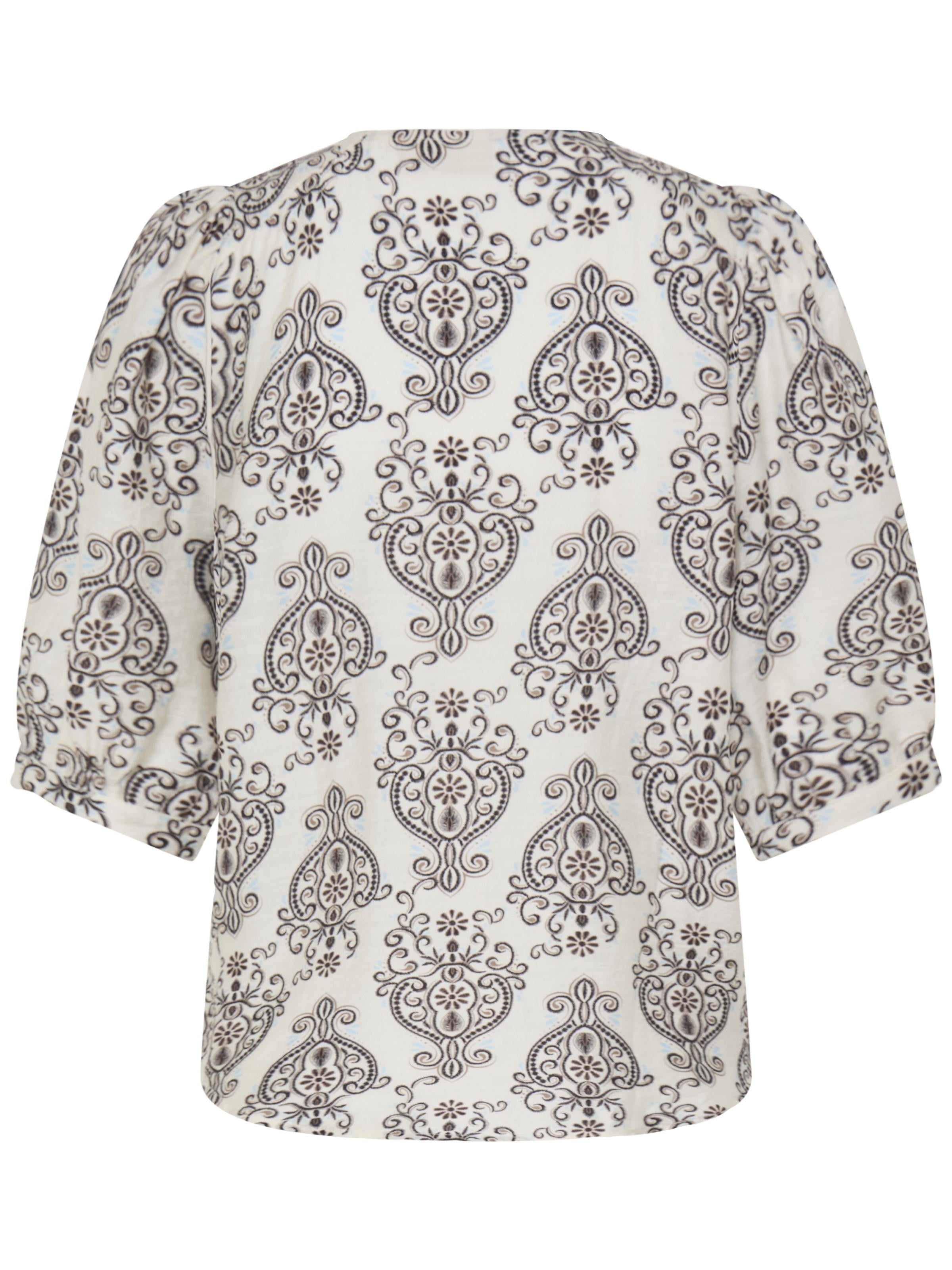 Fransa Ariana Printed Button-Front Blouse with off-white fabric and intricate dark paisley print, designed by Fransa.