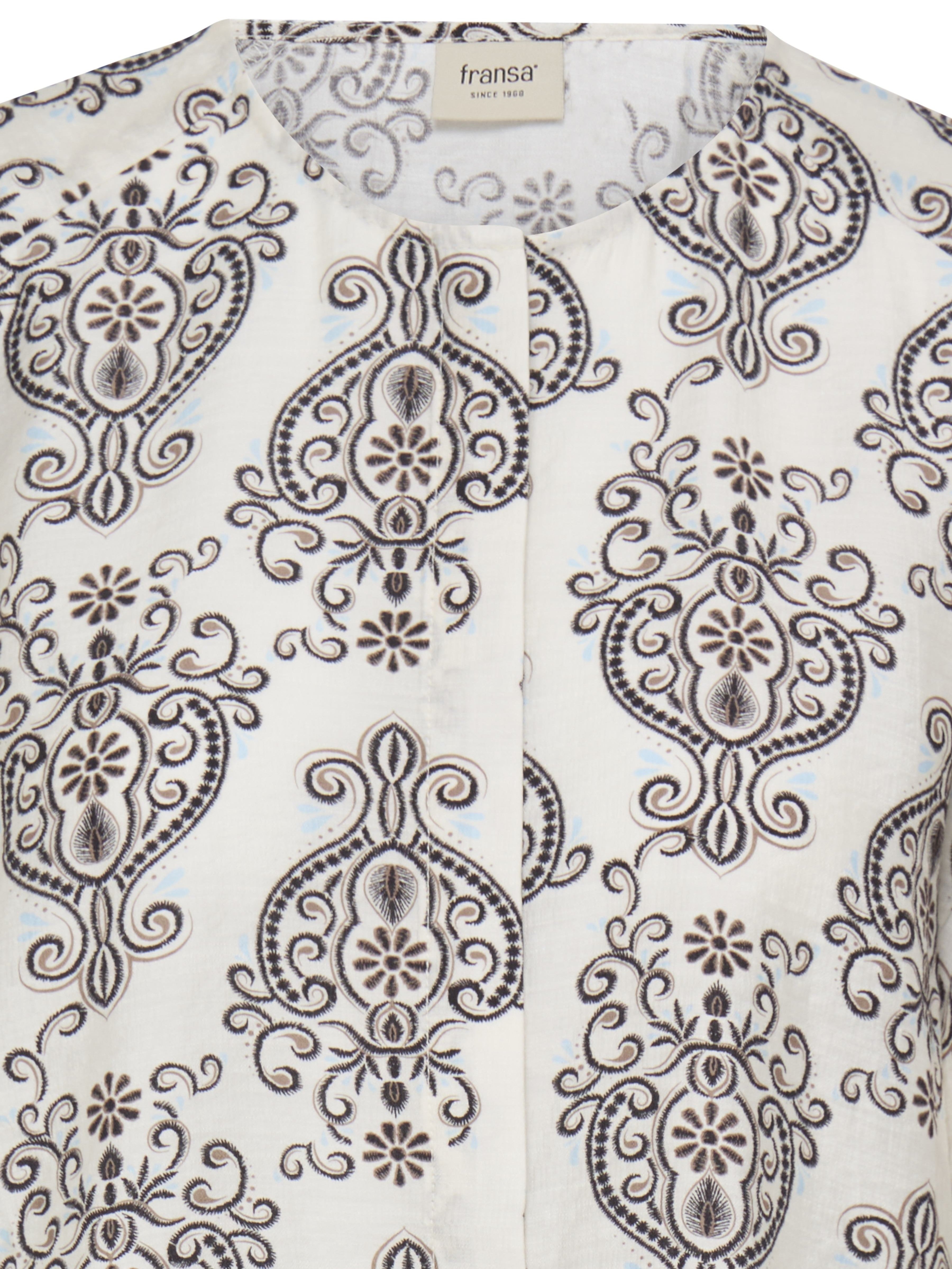 Fransa Ariana Printed Button-Front Blouse in off-white with intricate black and gray floral paisley print by Fransa.