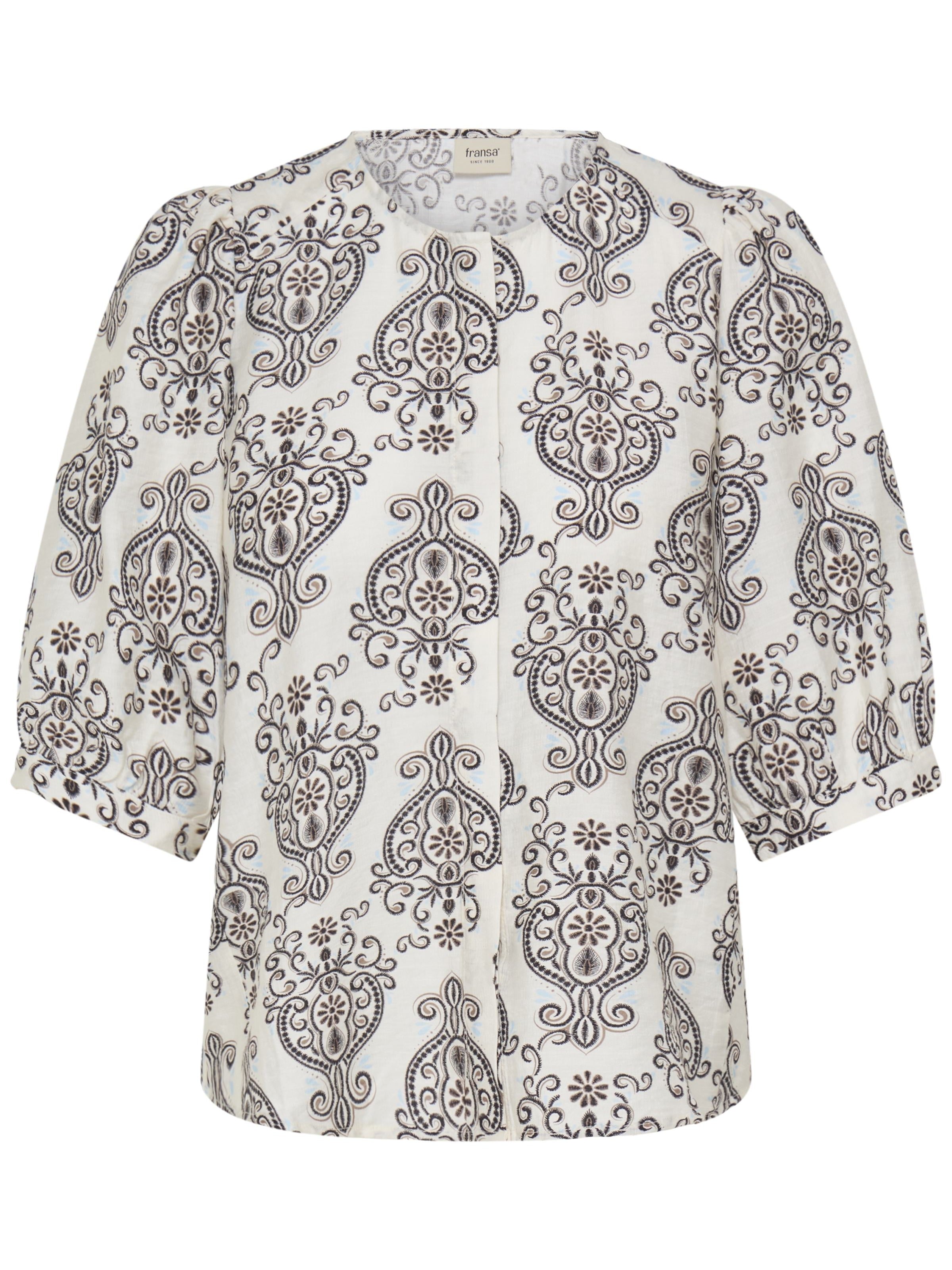 Fransa Ariana Printed Button-Front Blouse in off-white with black intricate paisley print and puff sleeves by Fransa.