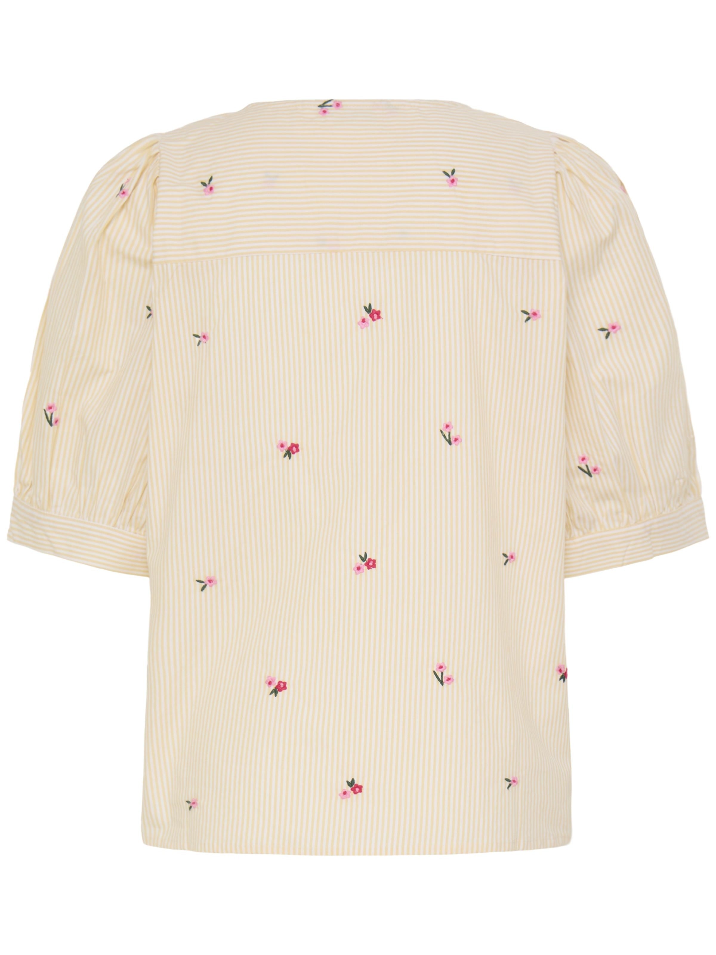 Fransa Bernie Striped Embroidered Cotton Short Sleeve Top in light yellow with small pink floral embroidery and puff sleeves