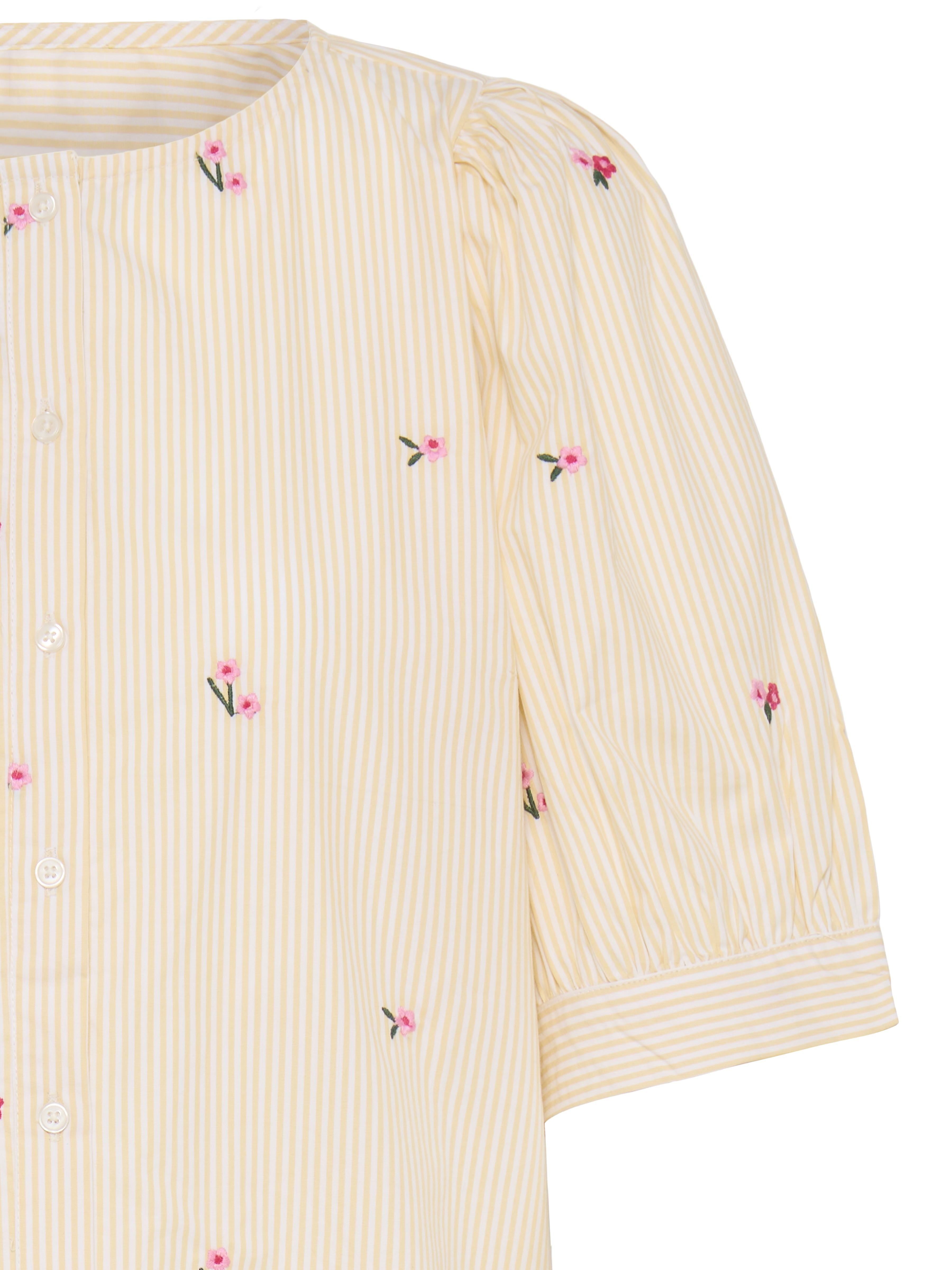 Fransa Bernie Striped Embroidered Cotton Short Sleeve Top in yellow with pink floral embroidery and vertical stripes