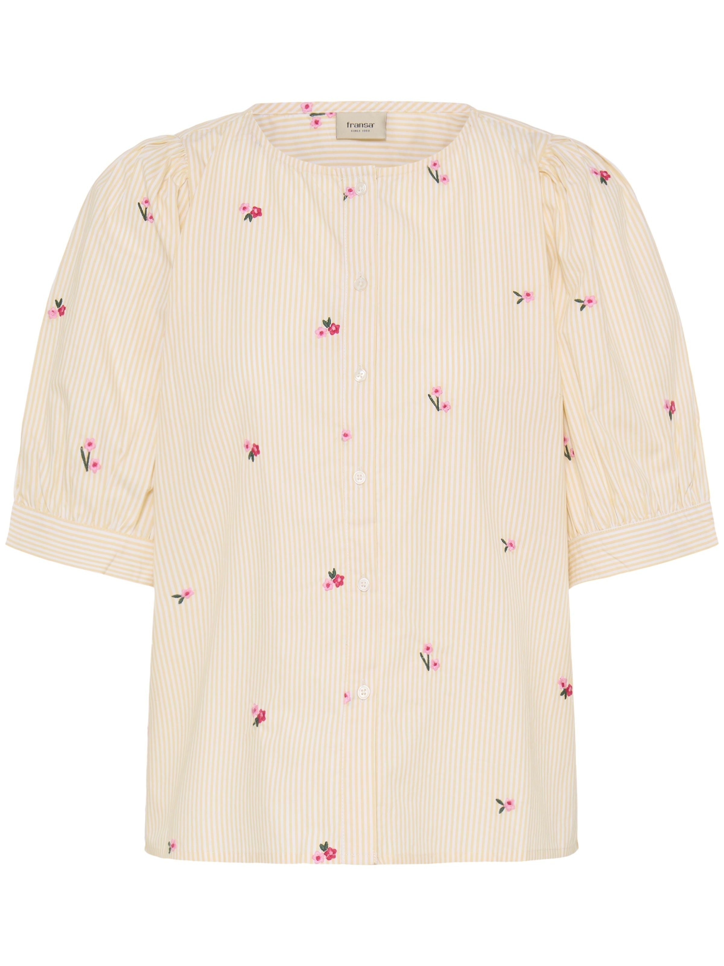 Fransa Bernie Striped Embroidered Cotton Short Sleeve Top in cream with pink floral embroidery and yellow stripes by Fransa