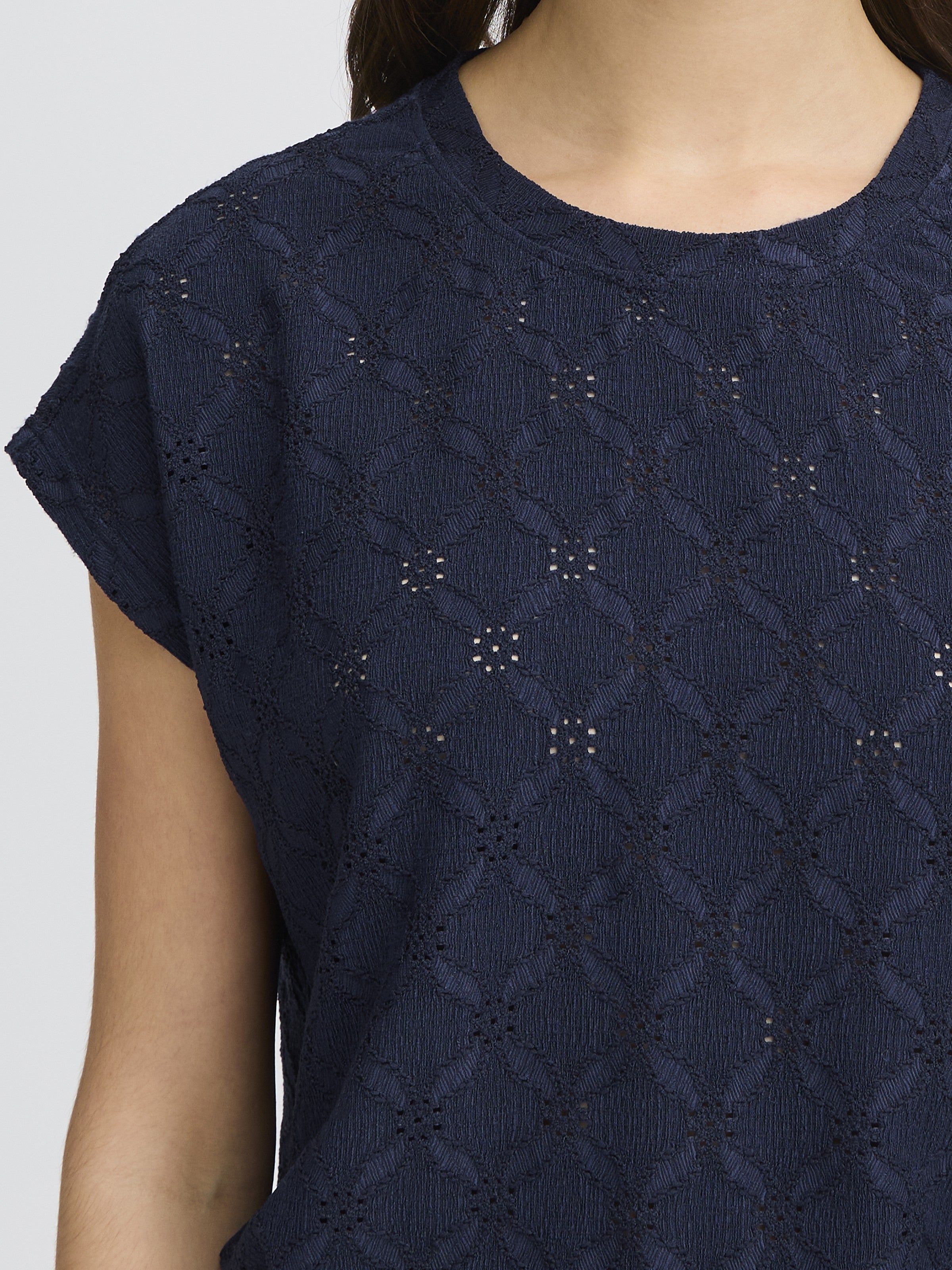 Fransa Mira Eyelet Stretch Short Sleeve Top in navy blue with delicate eyelet pattern by Fransa