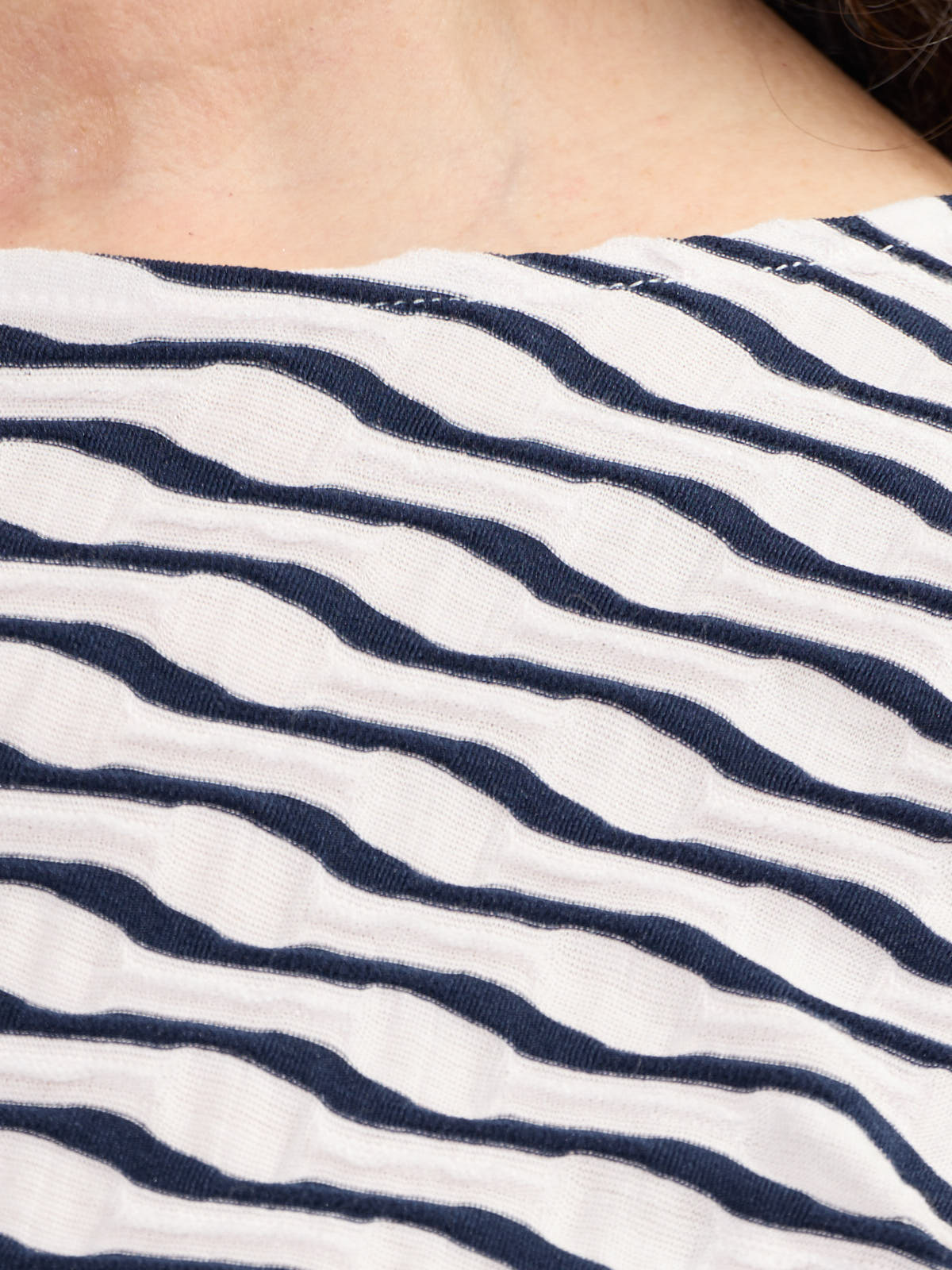 Close-up of navy and white striped fabric detail on Fransa Niamy Textured Wave Short Sleeve Top by Fransa.