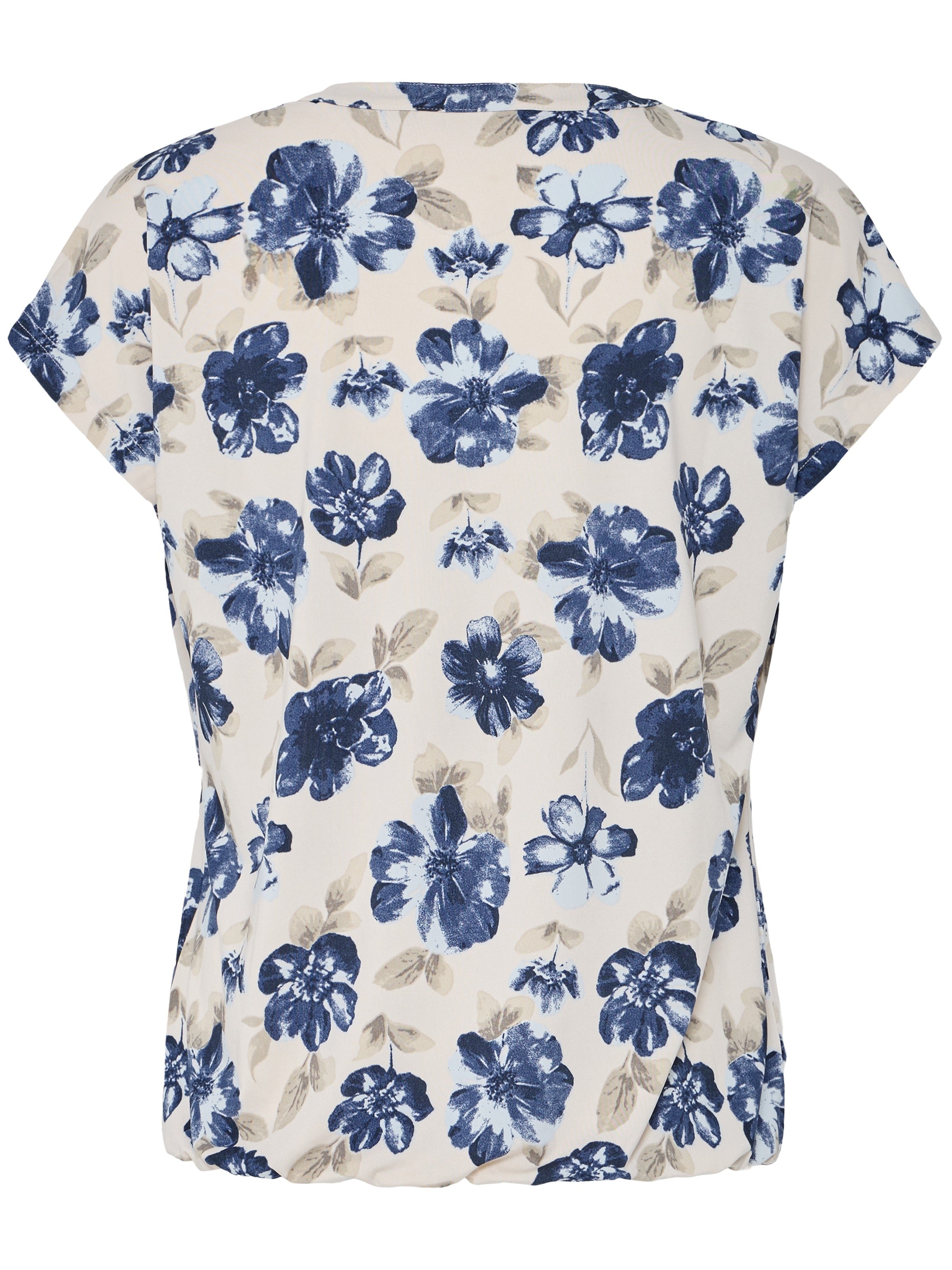 Fransa Seen V-Neck Top in beige with blue floral print, short sleeves, and lightweight fabric by Fransa.