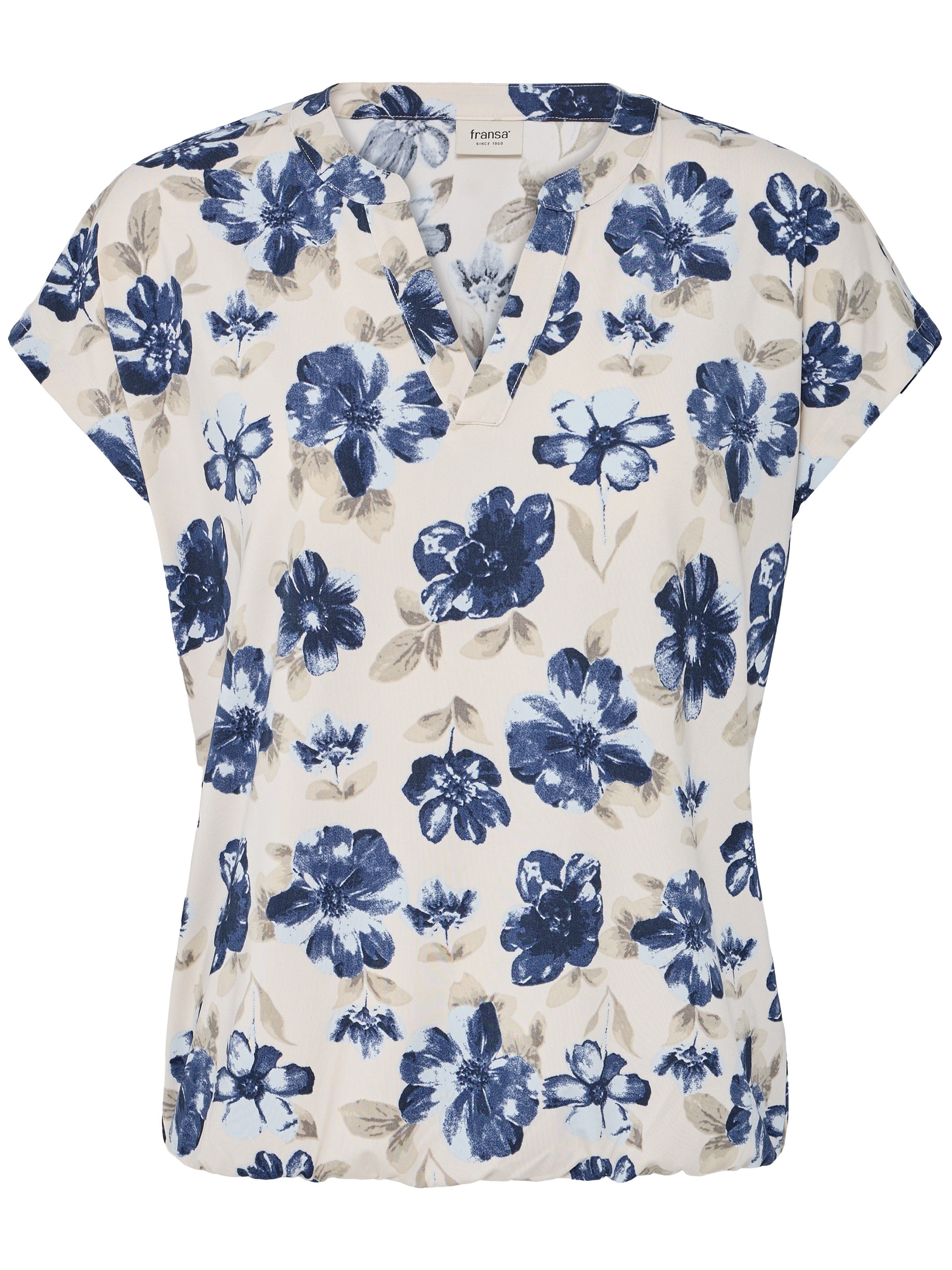 Fransa Seen V-Neck Top with blue floral print and beige background, a stylish sleeveless casual top by Fransa.