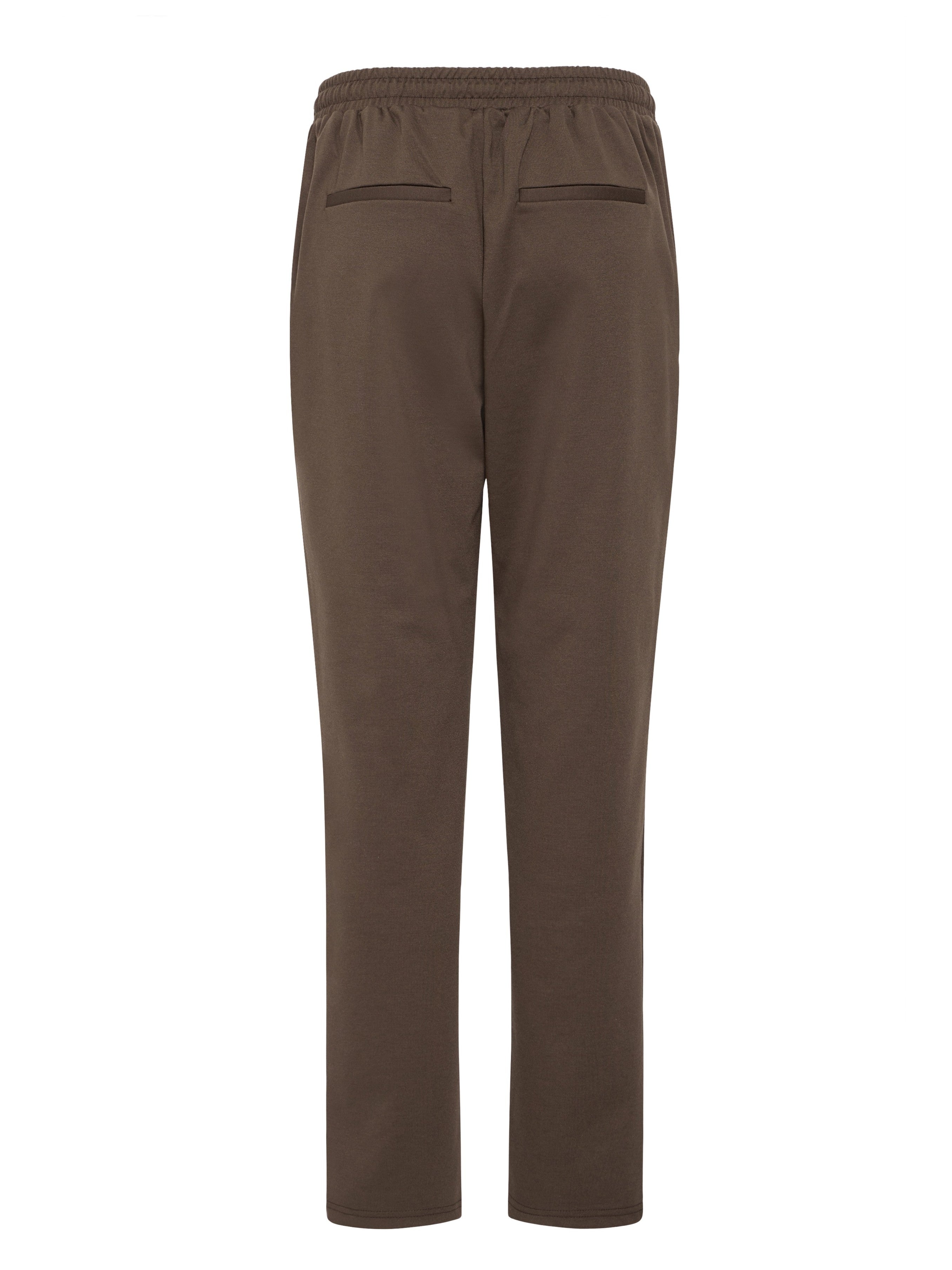 Back view of brown slim-fit trousers with elastic waistband and two back welt pockets