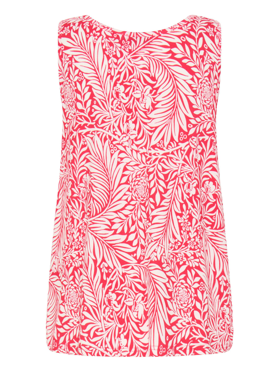 Fransa Army Printed Sleeveless V-Neck Top by Fransa with pink and white floral and leaf pattern sleeveless design.