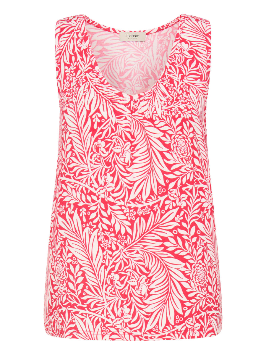 Fransa Army Printed Sleeveless V-Neck Top in pink with white floral print by Fransa, a stylish sleeveless top.