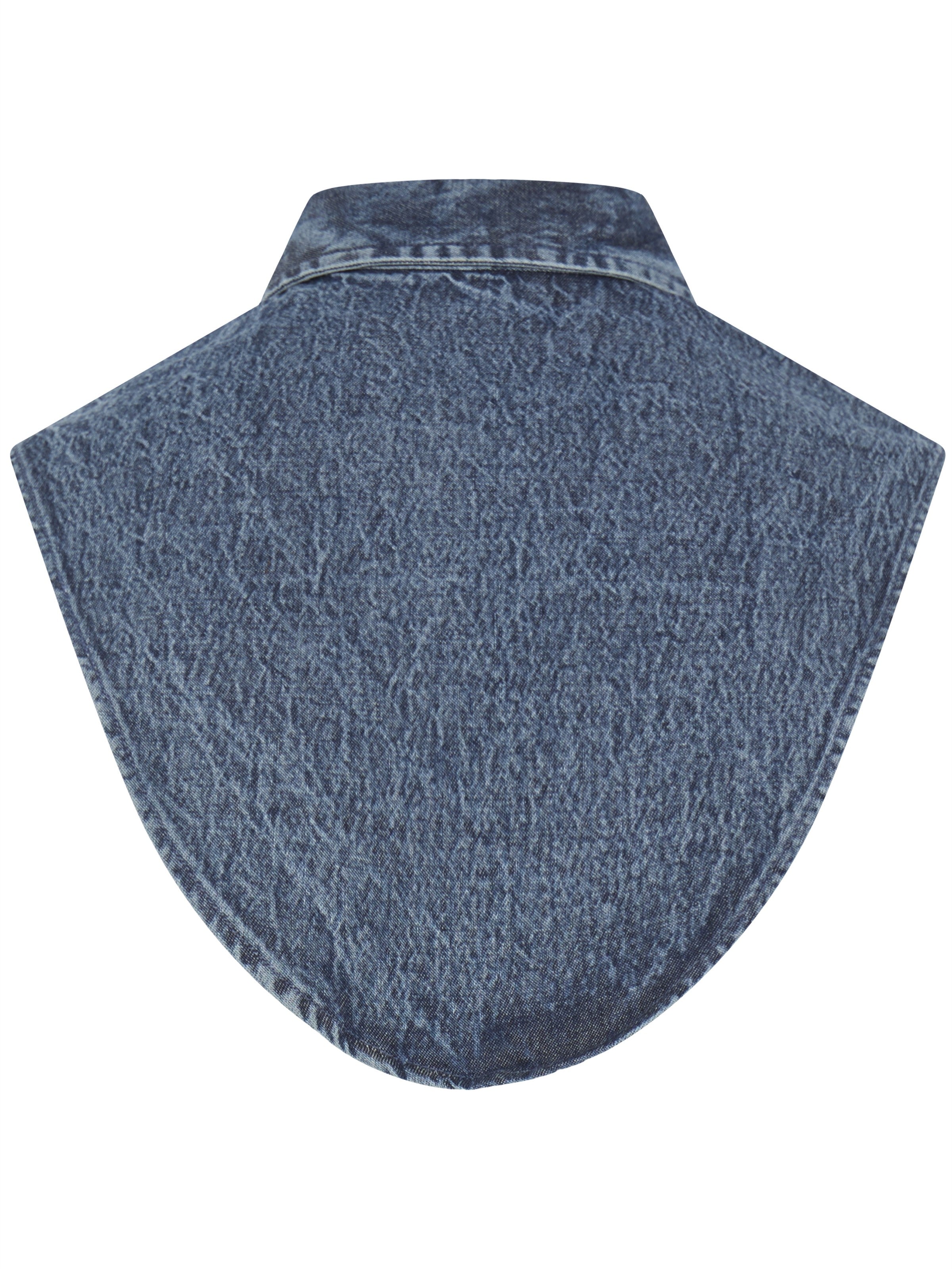 Detachable denim garment collar with textured fabric and faded blue wash details.