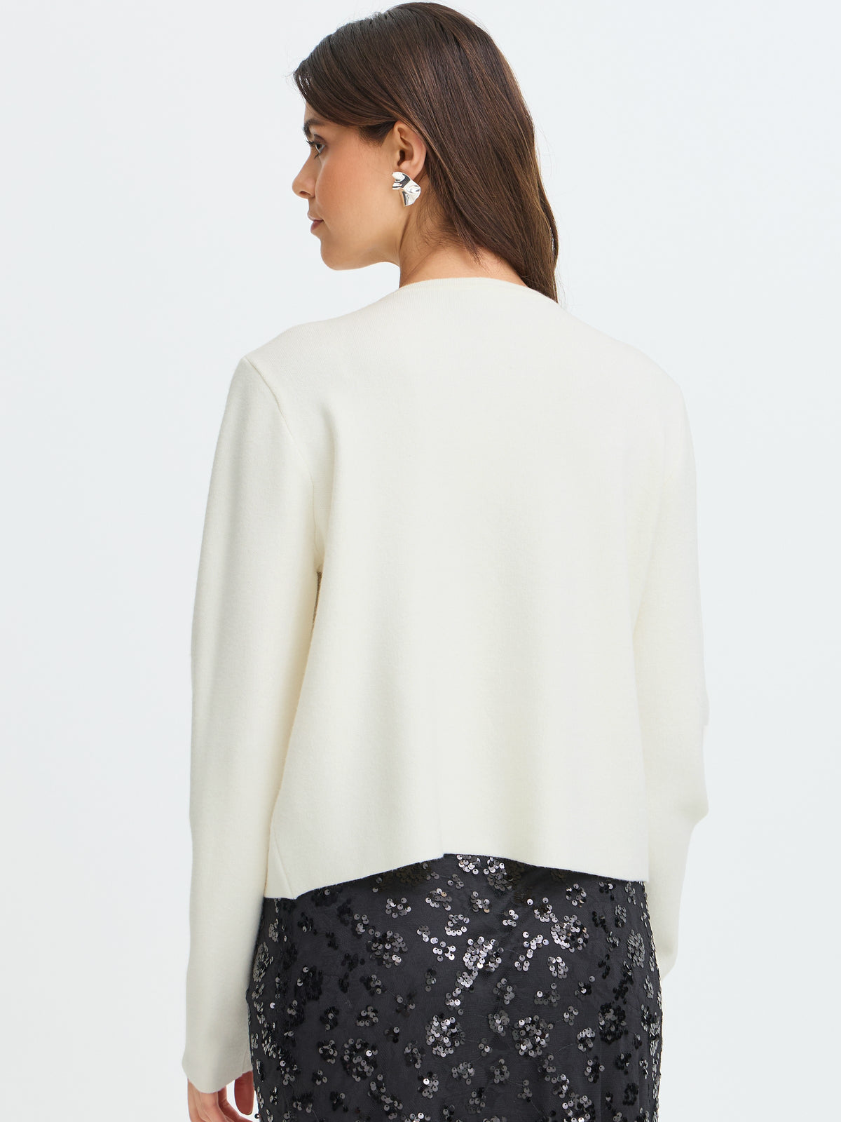 Fransa Sally Rhinestone Bow Cardigan in ivory, rear view with long sleeves and rhinestone bow detail