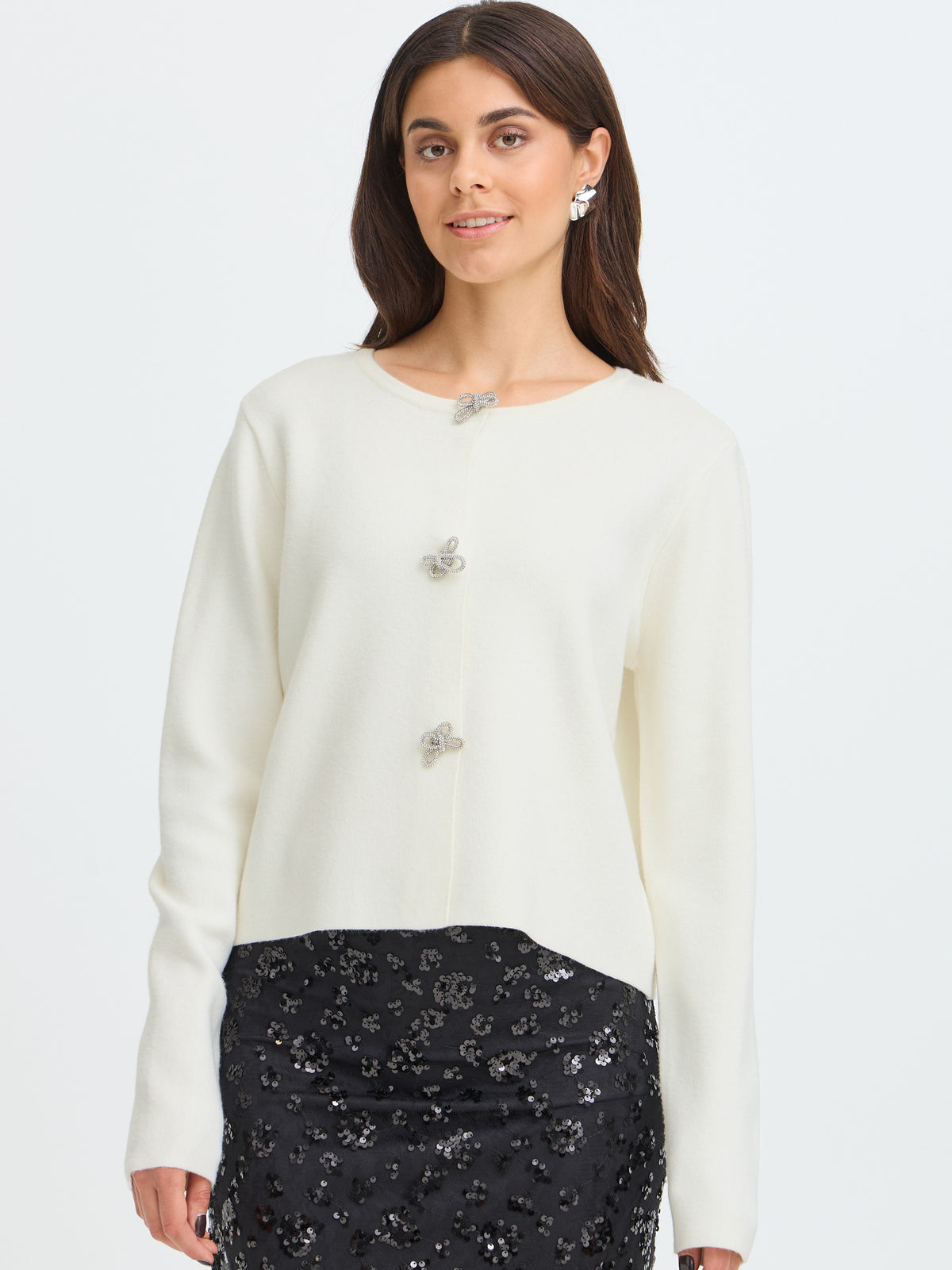Fransa Sally Rhinestone Bow Cardigan in cream with rhinestone bow fastenings