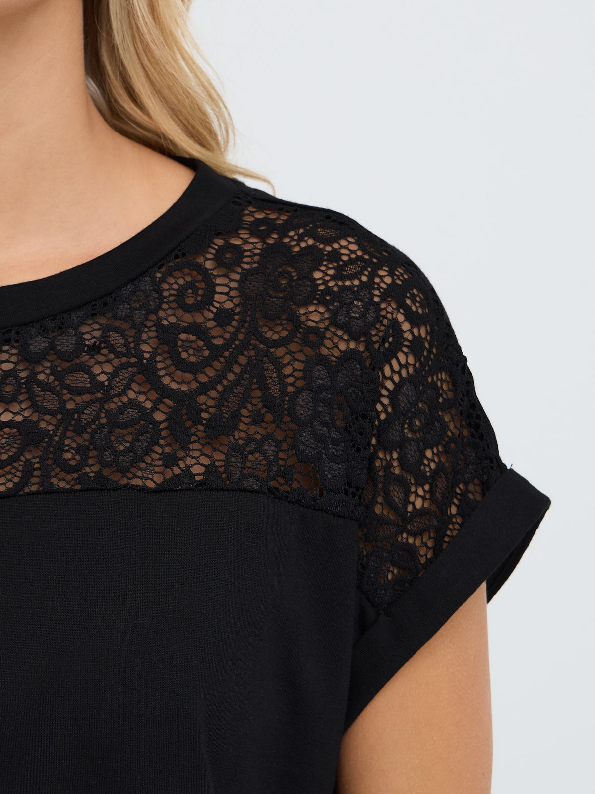 Close-up of a black top with floral lace shoulder panels and short sleeves