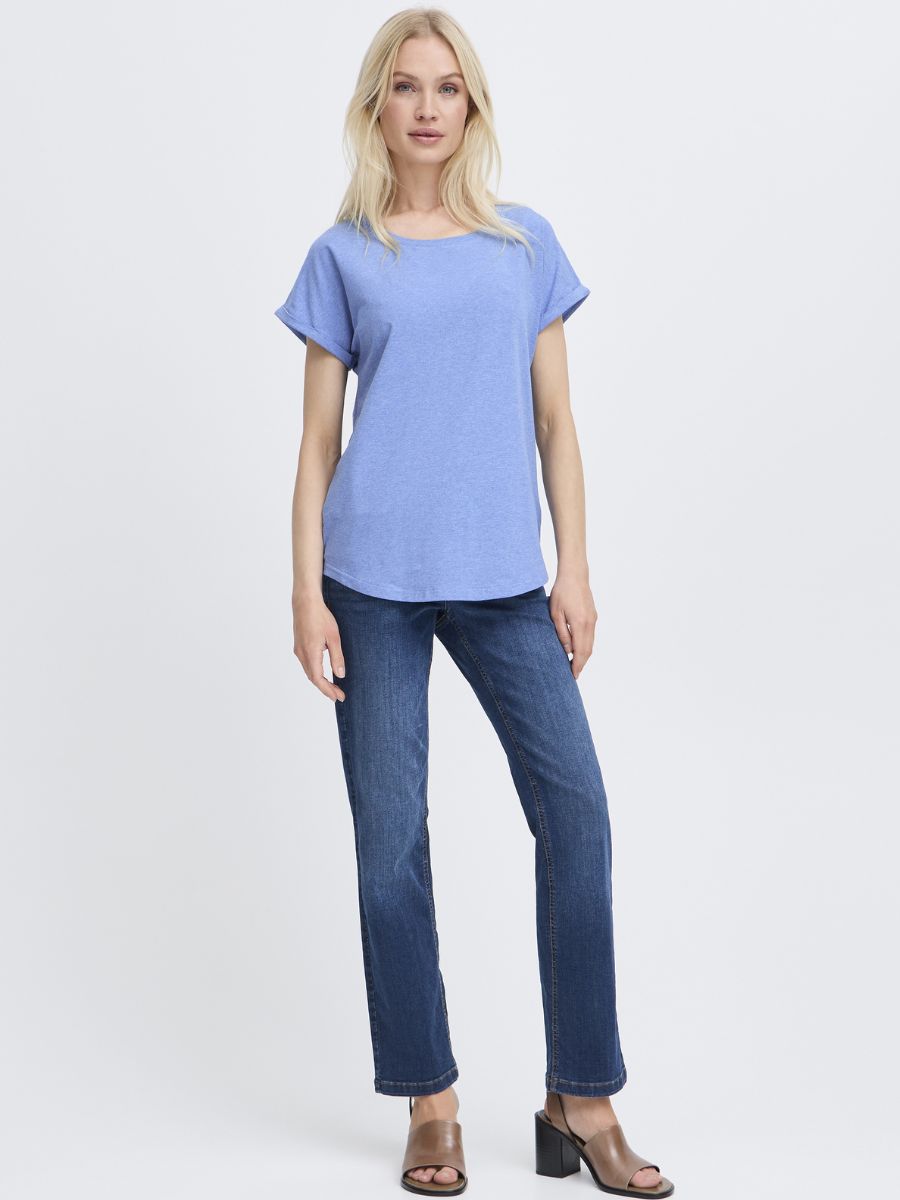 B. Young Pamila Basic T-Shirt in soft blue paired with dark denim jeans by B. Young, styled with brown heeled sandals.