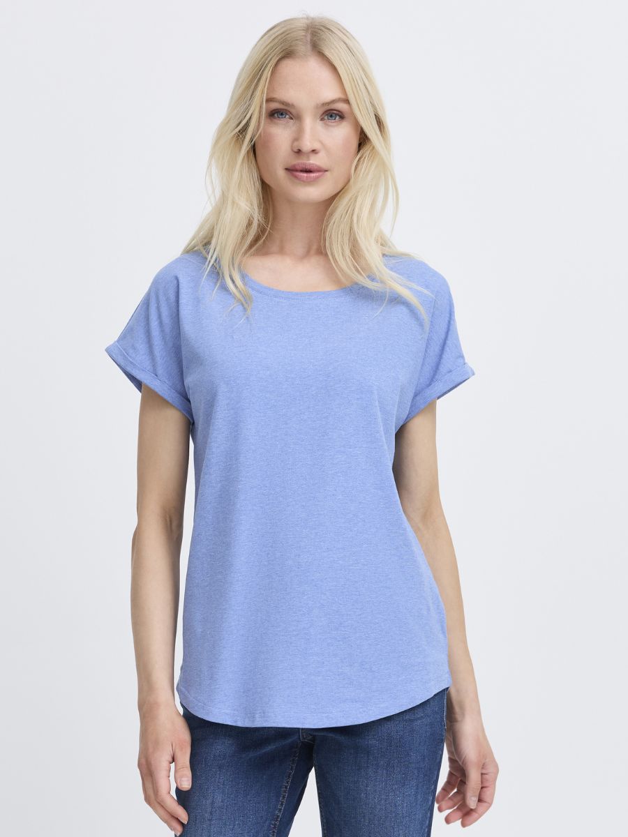 Light blue short-sleeve top paired with jeans featuring B. Young Pamila Basic T-Shirt by B. Young.