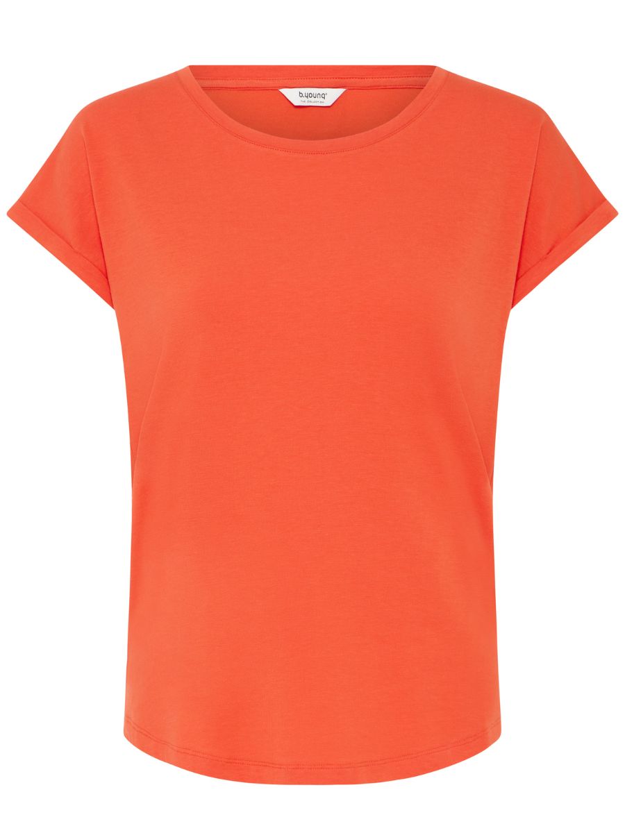 B. Young Pamila Basic T-Shirt in vibrant red, short sleeves, round neckline, classic casual top by B. Young