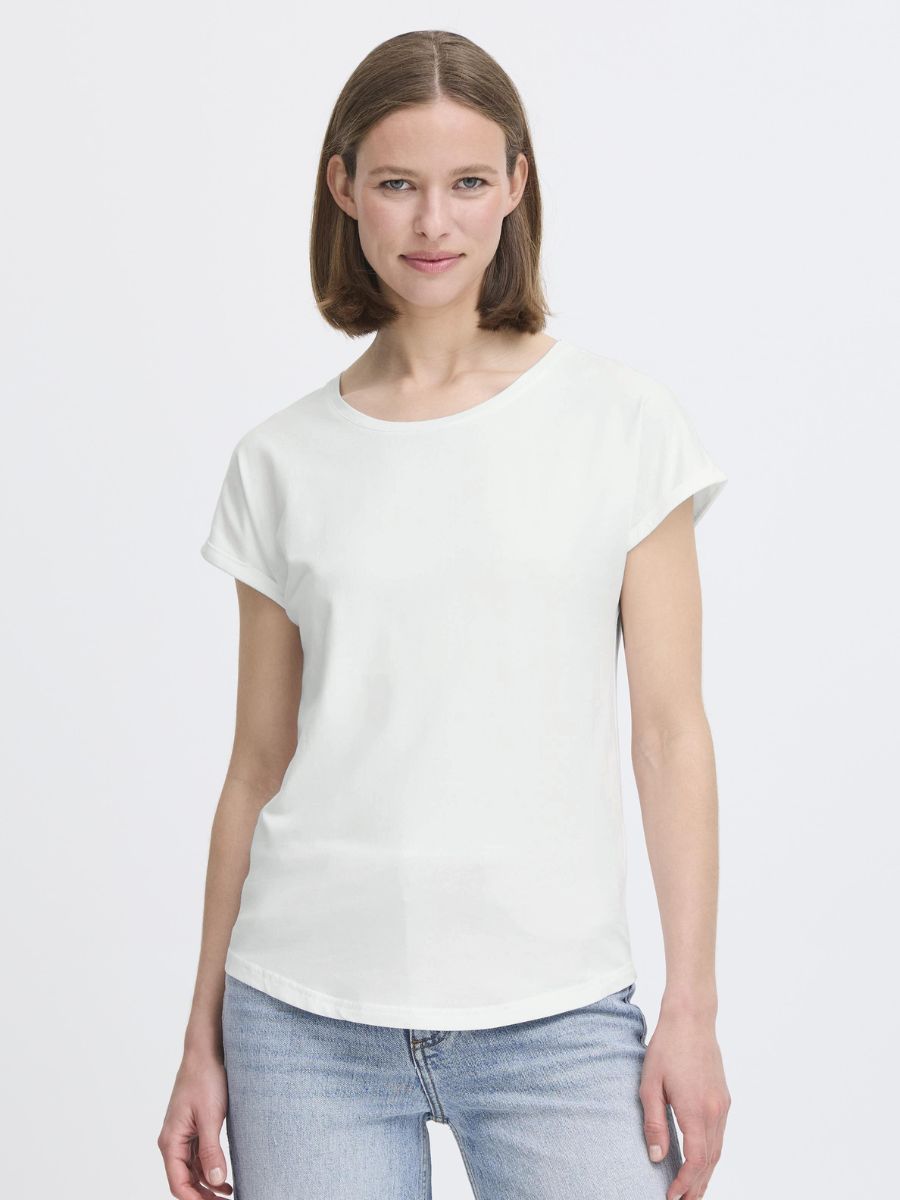 B. Young Pamila Basic Tee in off-white, short sleeve casual top by B. Young paired with light denim jeans