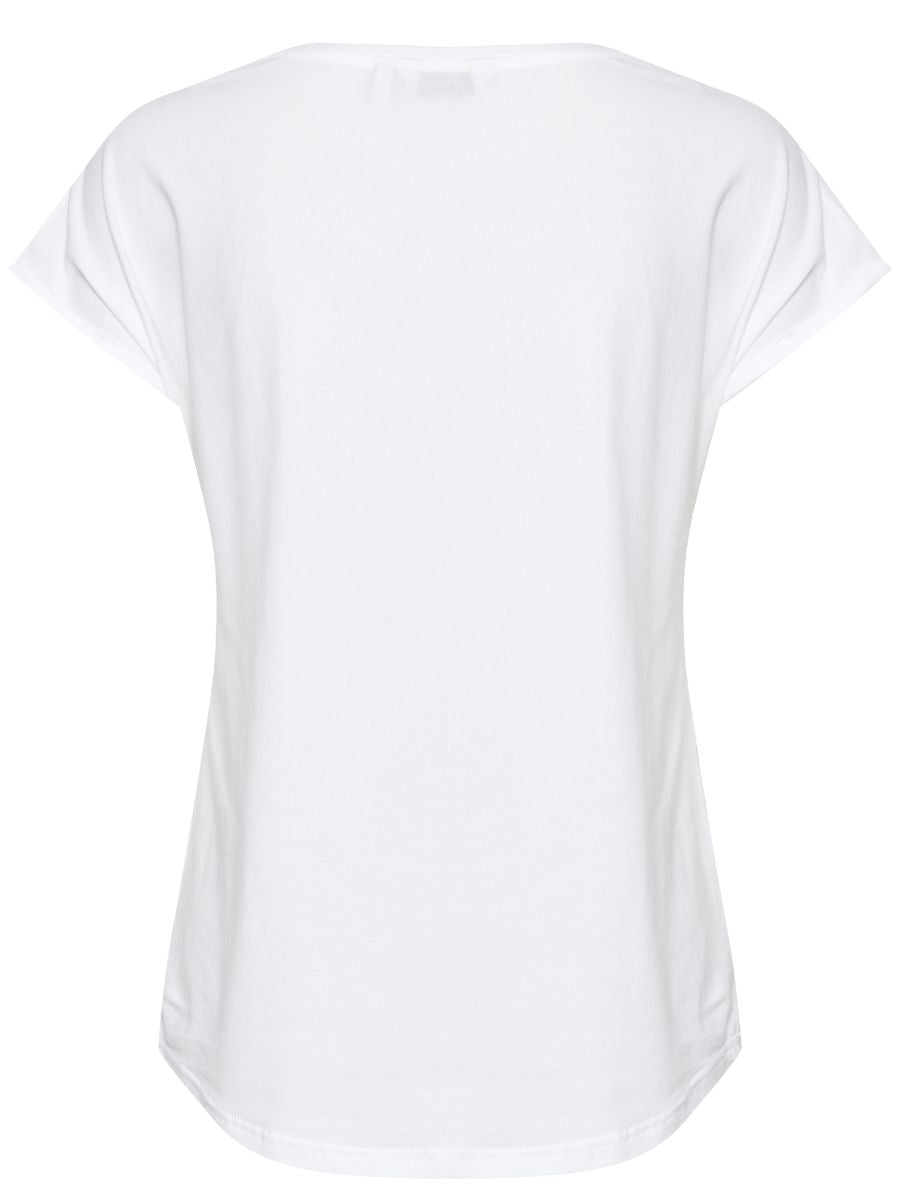 Back view of a plain white short-sleeve casual top with a loose fit and rounded hemline