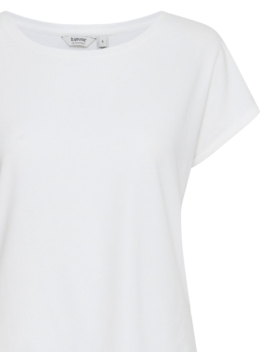Close-up of a plain white short-sleeve t-shirt with a round neckline on a white background