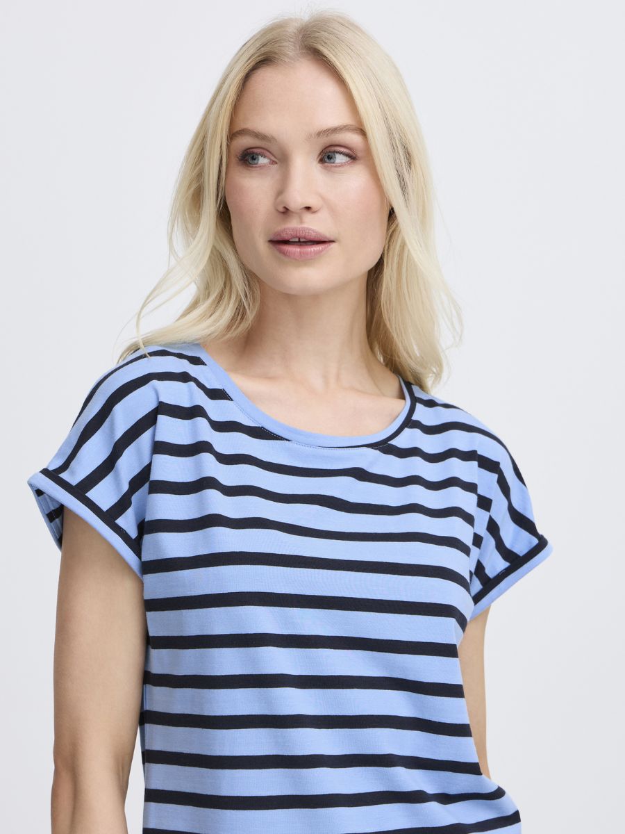 Light blue and black striped short sleeve top in soft fabric, B. Young Pamila Striped Crew Tee by B. Young
