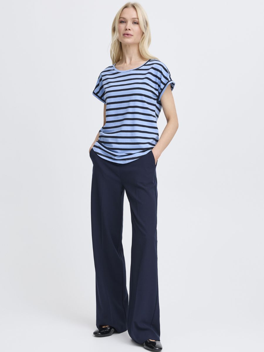 B. Young Pamila Striped Crew Tee in blue and black stripes paired with dark navy wide-leg trousers by B. Young.