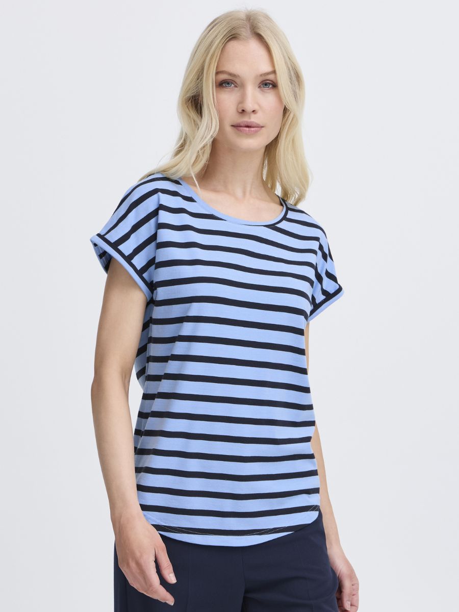 B. Young Pamila Striped Crew Tee in blue and black stripes by B. Young, styled with navy pants and a relaxed fit.