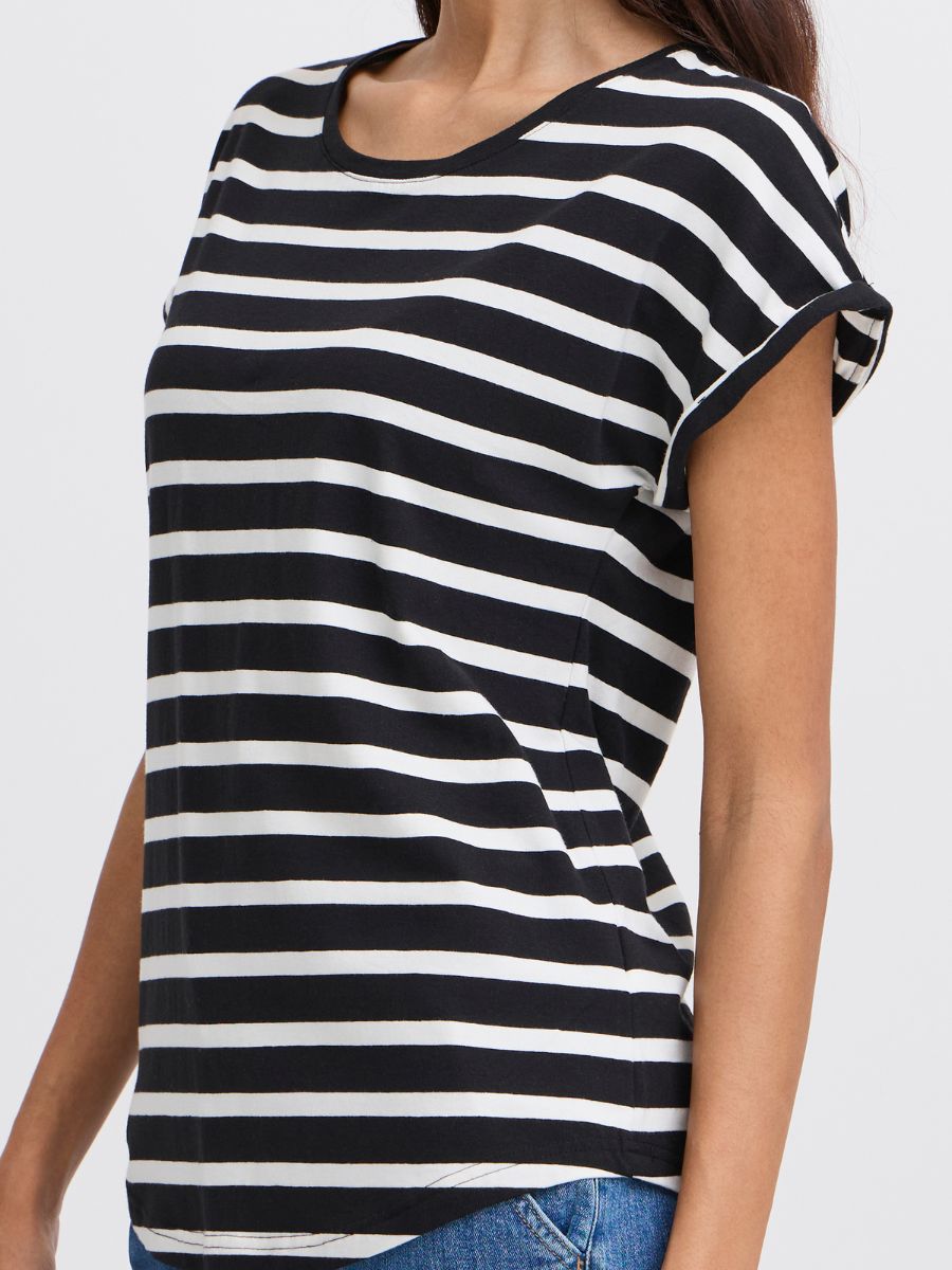 Black and white horizontal striped short sleeve top paired with blue denim jeans