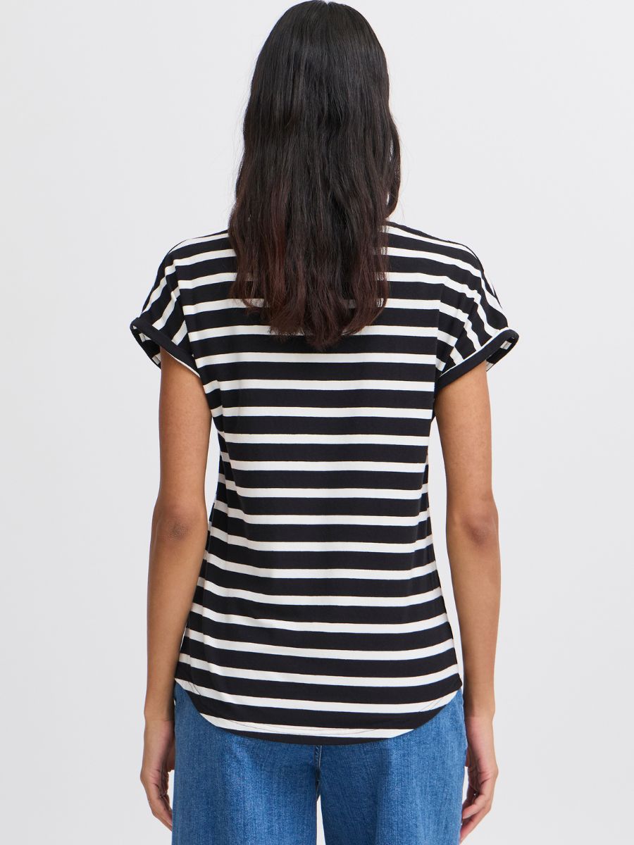 Back view of a short-sleeve black and white striped top paired with blue denim jeans.