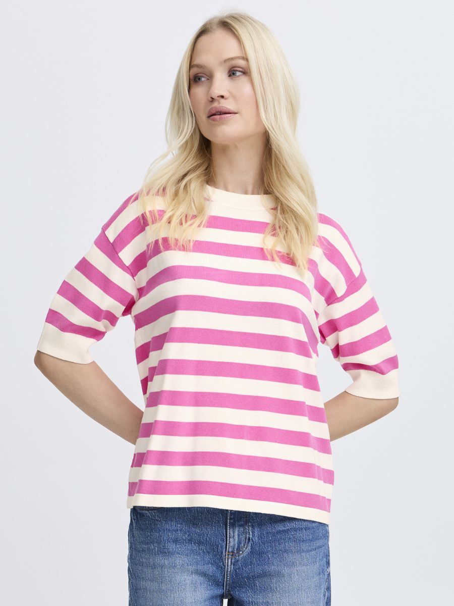 B. Young Morla Stripe Short Sleeve Crew Top in pink and cream striped knit by B. Young paired with blue denim jeans