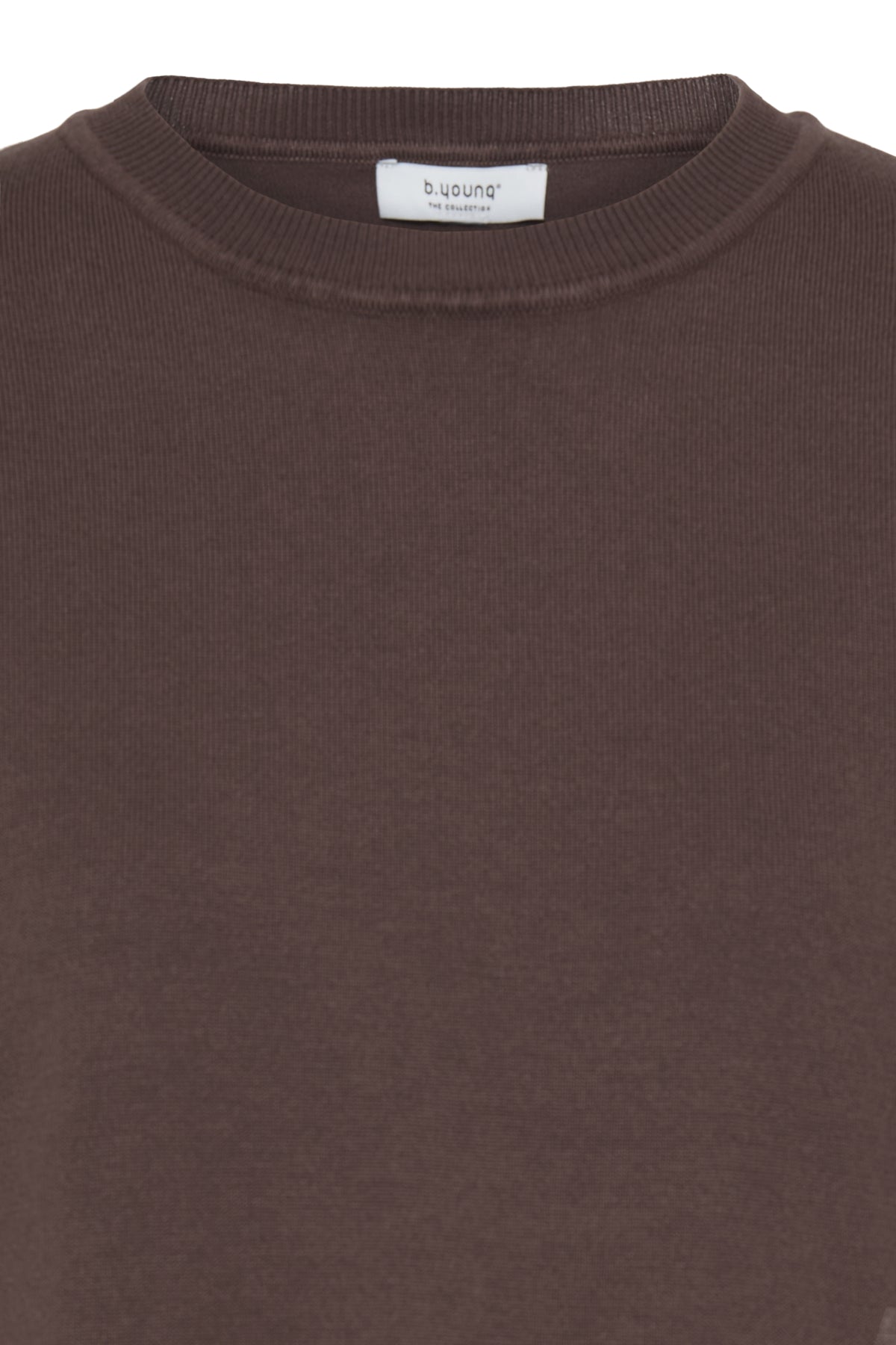 Close-up of a brown B. Young Morla Short Sleeve Crew Top showing ribbed crew neckline from B. Young.