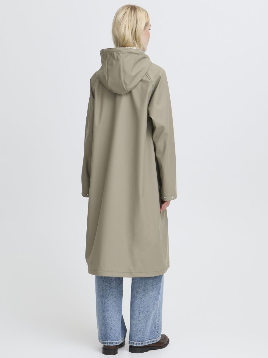 Back view of B. Young Avan Long Rain Coat in taupe, a stylish outerwear piece by B. Young with hood and long sleeves.