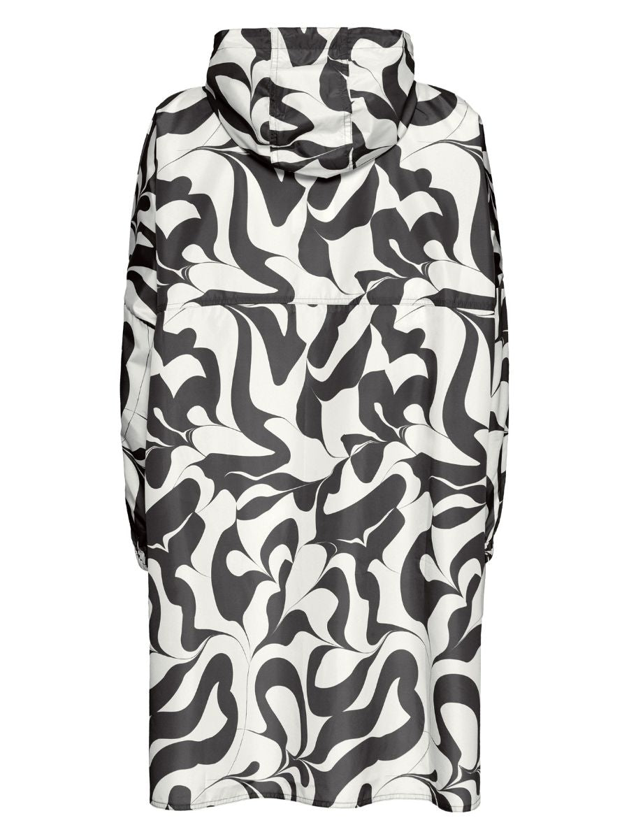 B. Young Aska Rain Poncho in black and white abstract pattern with hood, designed by B. Young outerwear accessory.