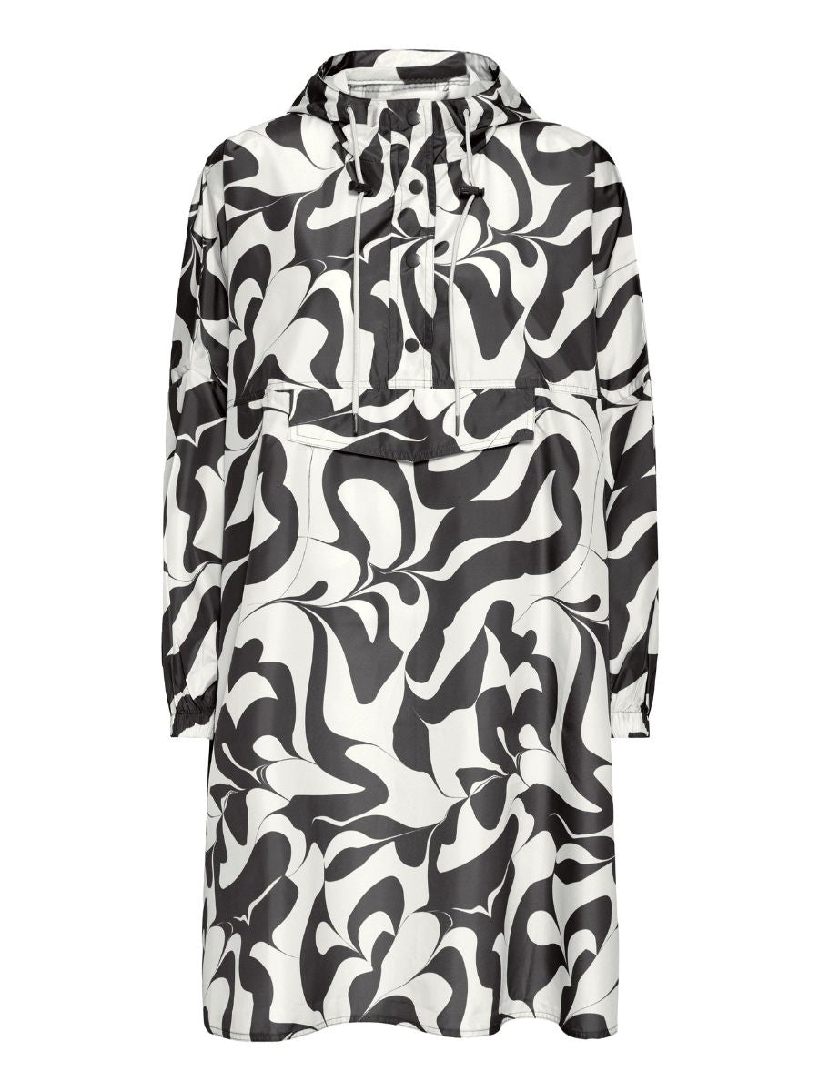 B. Young Aska Rain Poncho in black and white abstract pattern with hood and front pocket by B. Young outerwear accessory