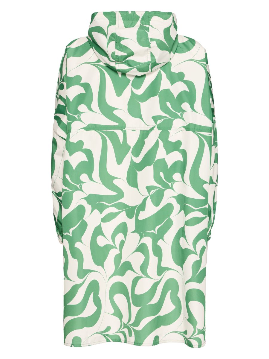 B. Young Aska Rain Poncho in green and white abstract pattern with hood, designed by B. Young, stylish outerwear accessory.