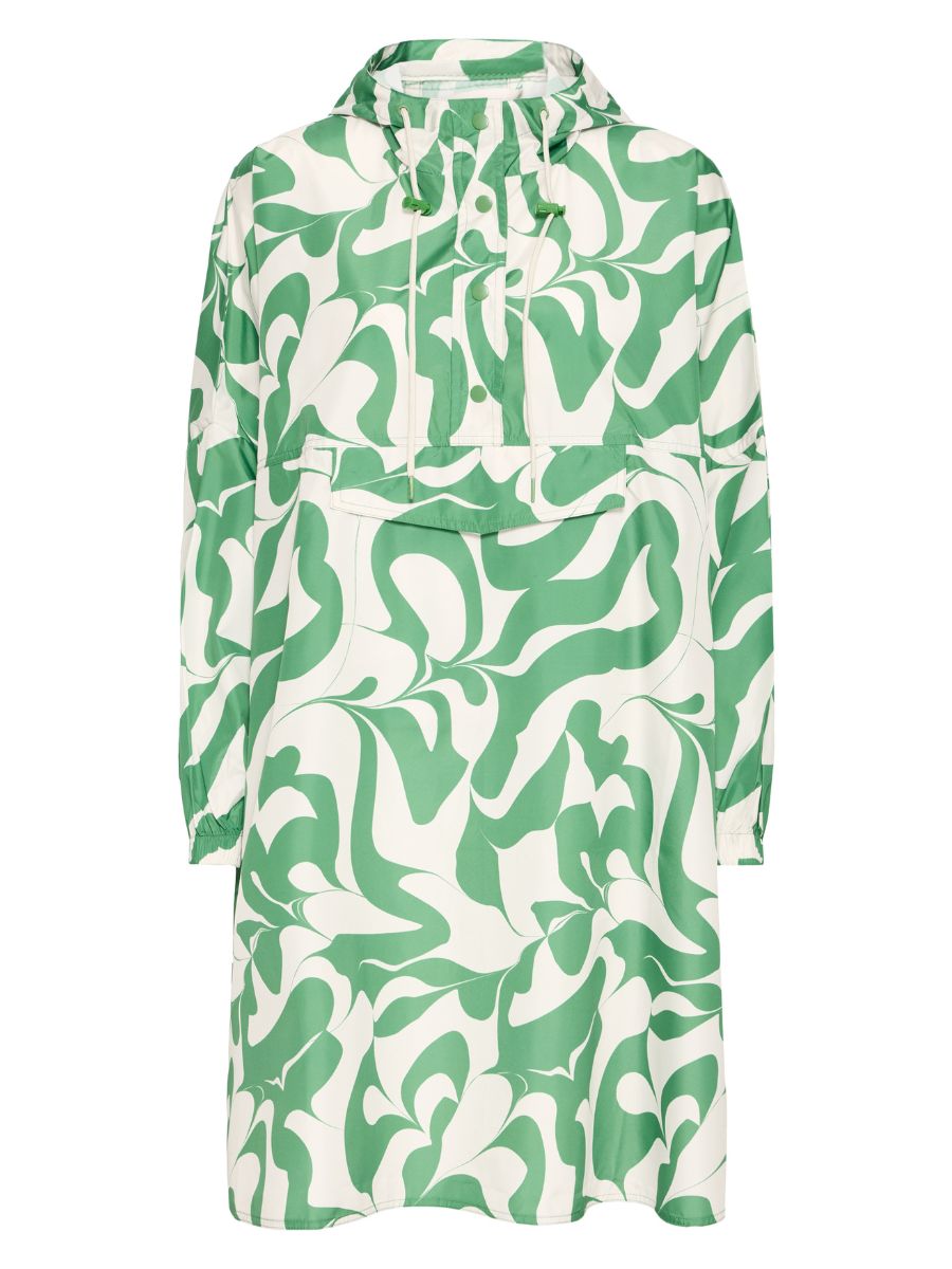 B. Young Aska Rain Poncho by B. Young in green and white swirl pattern, lightweight outerwear with hood and front pocket.