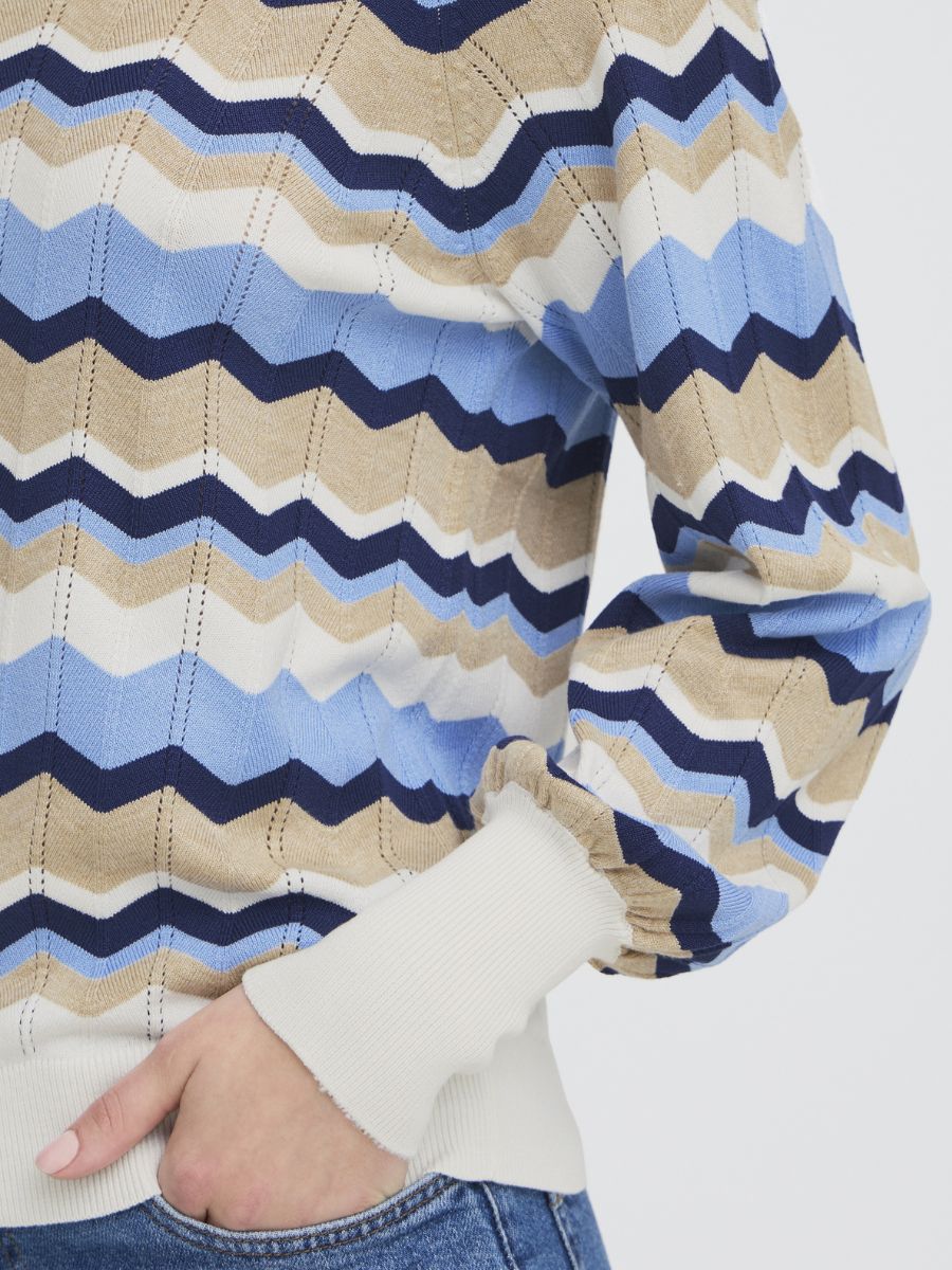 B. Young Morla Knit Crew Top in beige, blue, and navy chevron pattern with ribbed cuffs by B. Young.