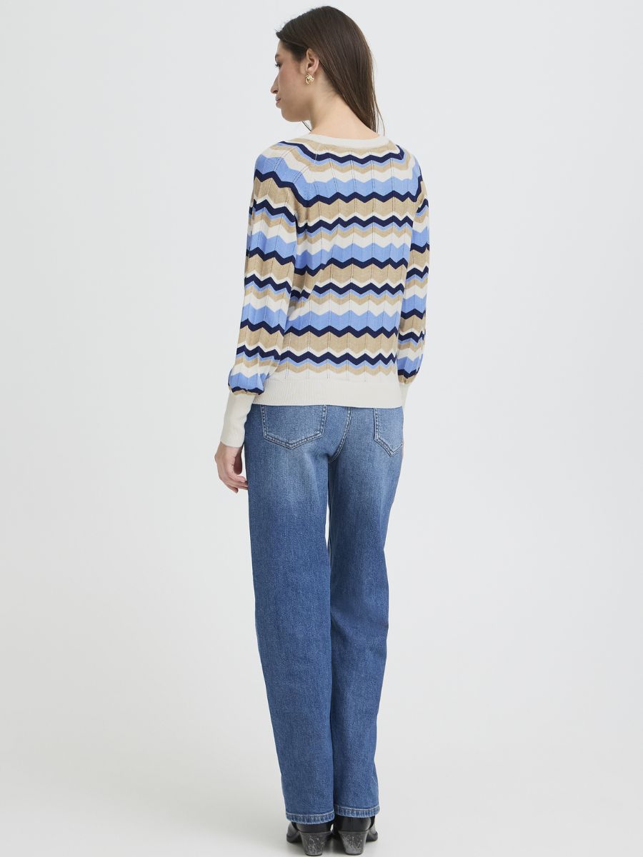 Back view of B. Young Morla Knit Crew Top in blue, beige, and black zigzag pattern paired with denim jeans