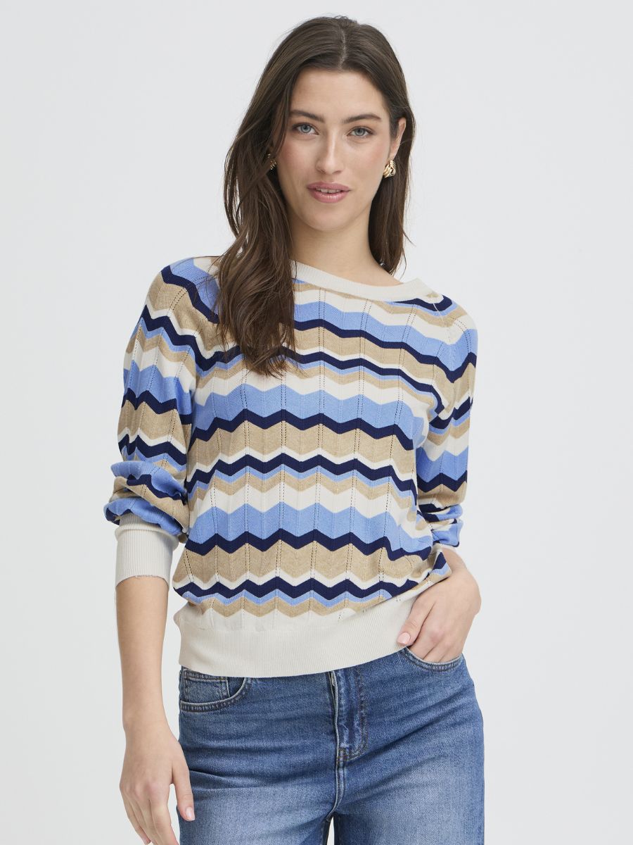 B. Young Morla Knit Crew Top in blue, beige, and black zigzag knit pattern, styled with casual jeans by B. Young.