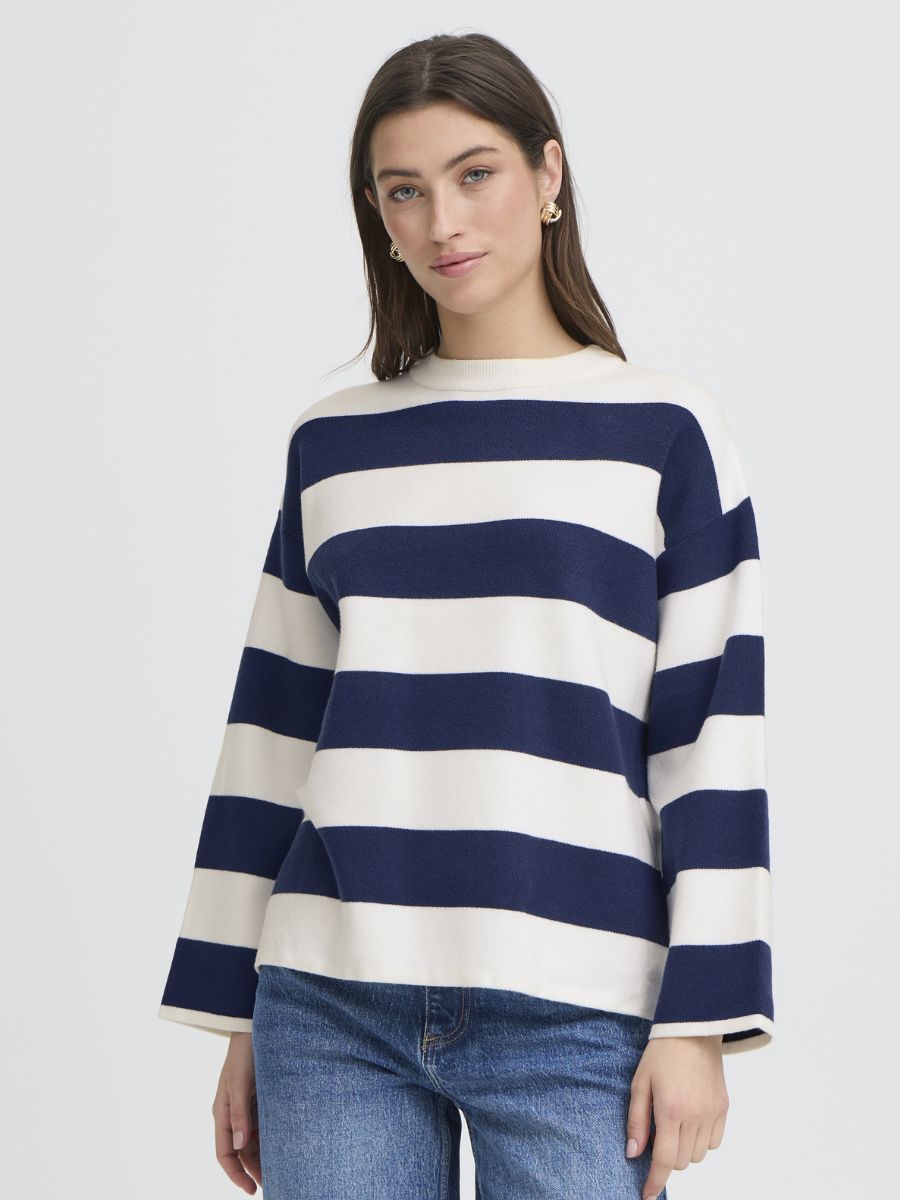 B. Young Otari Striped Sweater in navy and white stripes, paired with casual denim jeans by B. Young.