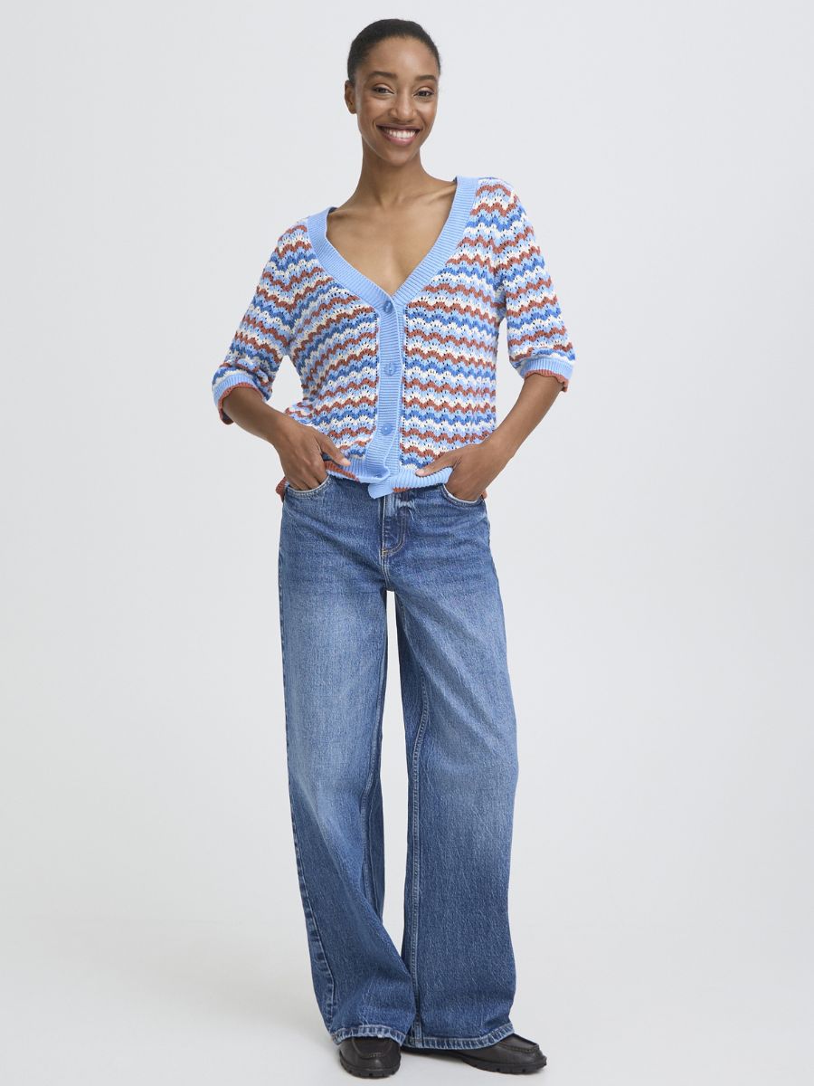 B. Young Nero V-Neck Cardigan by B. Young in blue and multicolor knit with button front and three-quarter sleeves